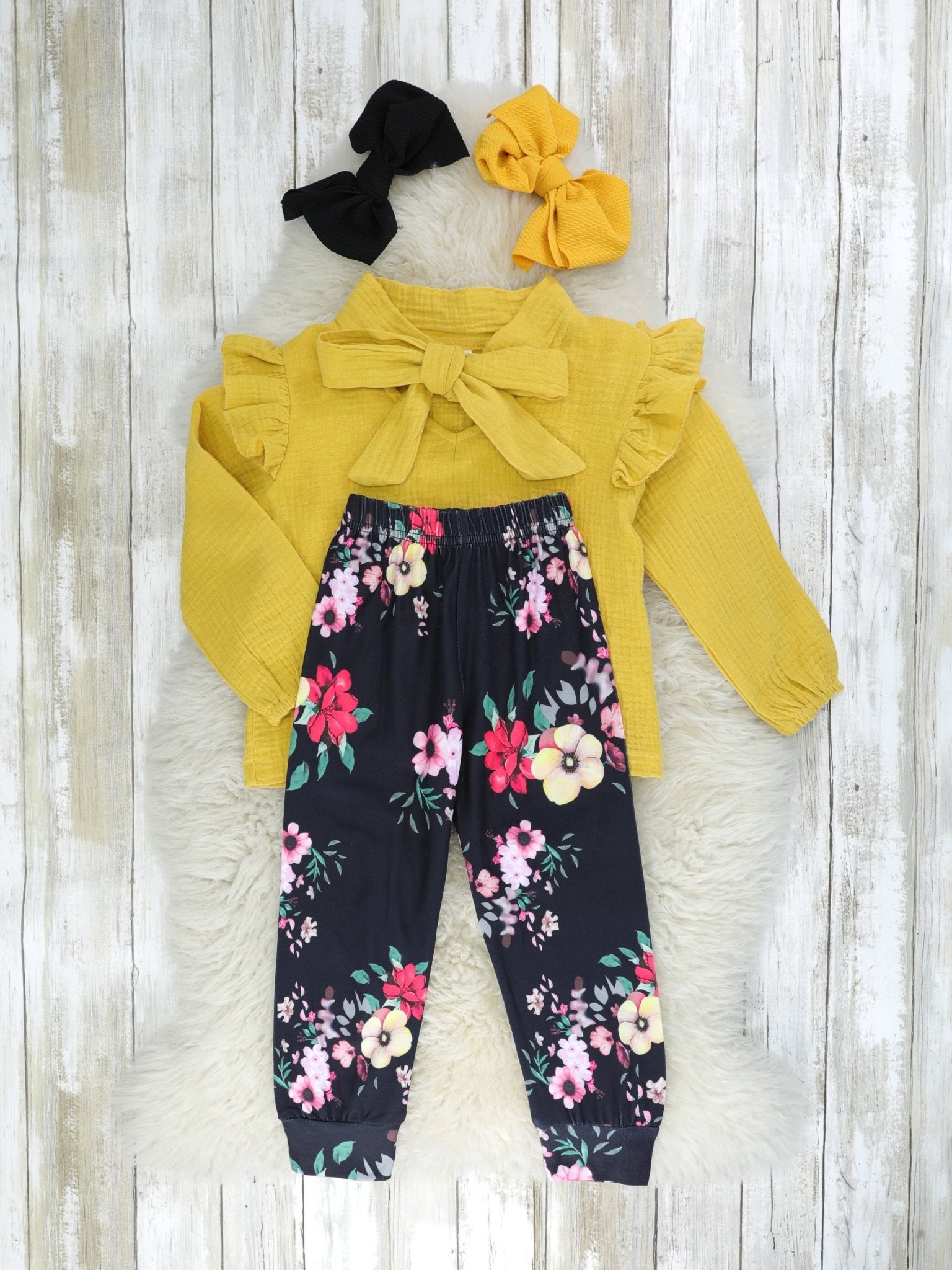 Mustard Bow Ruffle Top & Floral Joggers Outfit - Marie Nicole Clothing