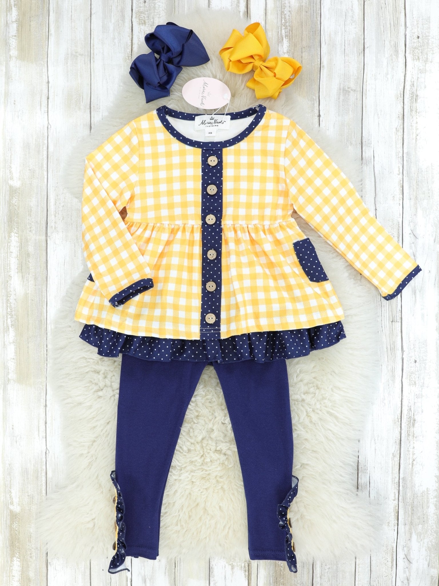 Yellow & Navy Gingham Pocket Outfit - Marie Nicole Clothing