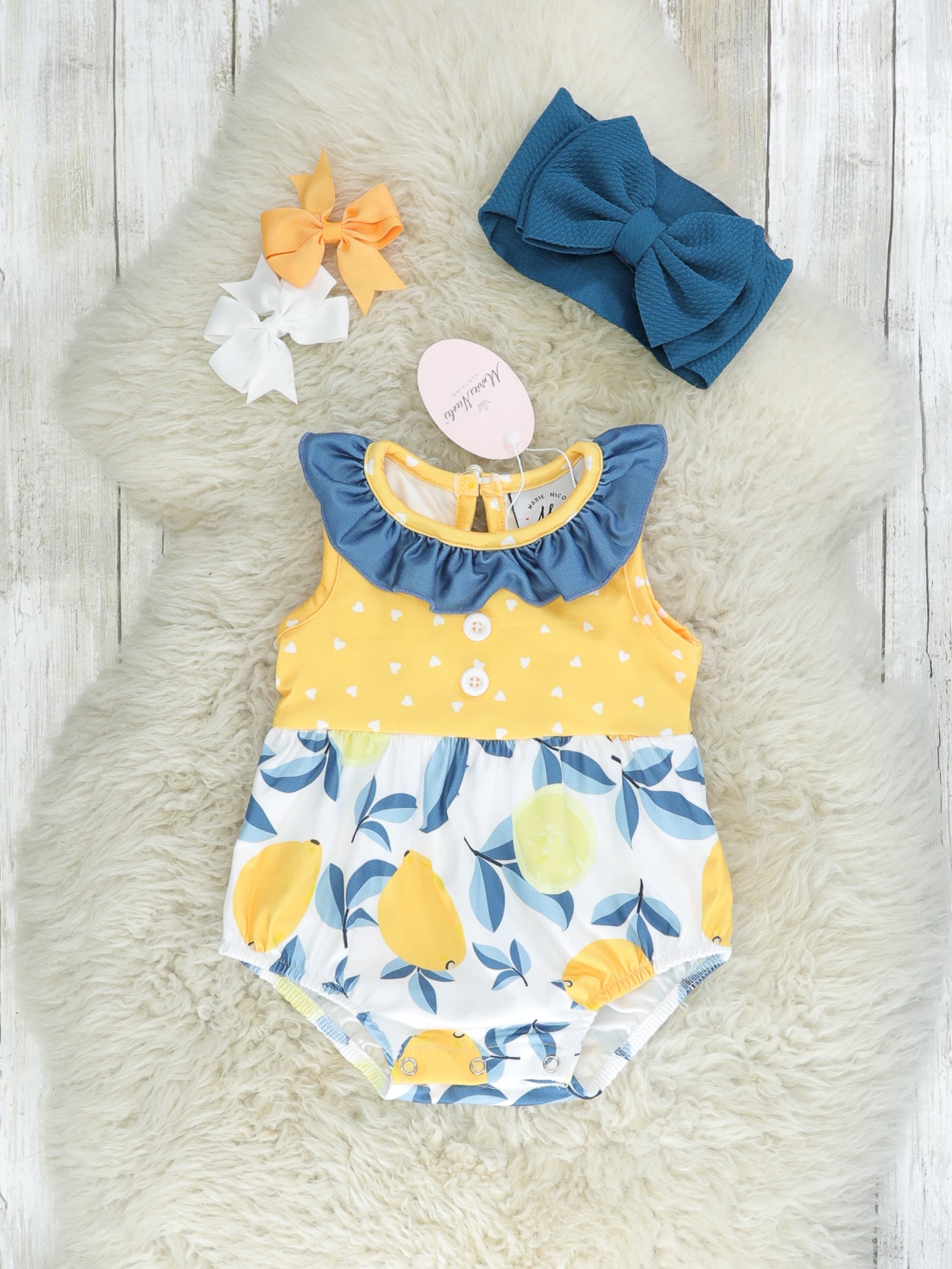 Navy Lemon Ruffle Tank Bubble Romper - Marie Nicole Clothing
