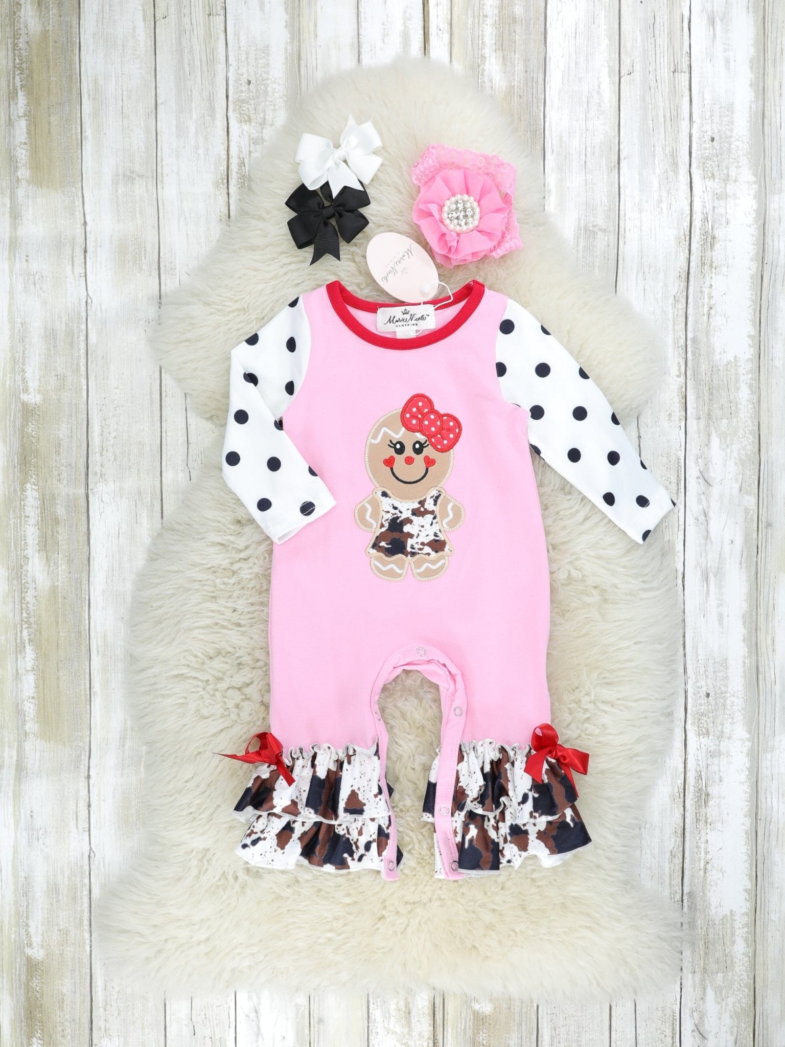Pink Gingerbread Cow Print Ruffle Romper - Marie Nicole Clothing