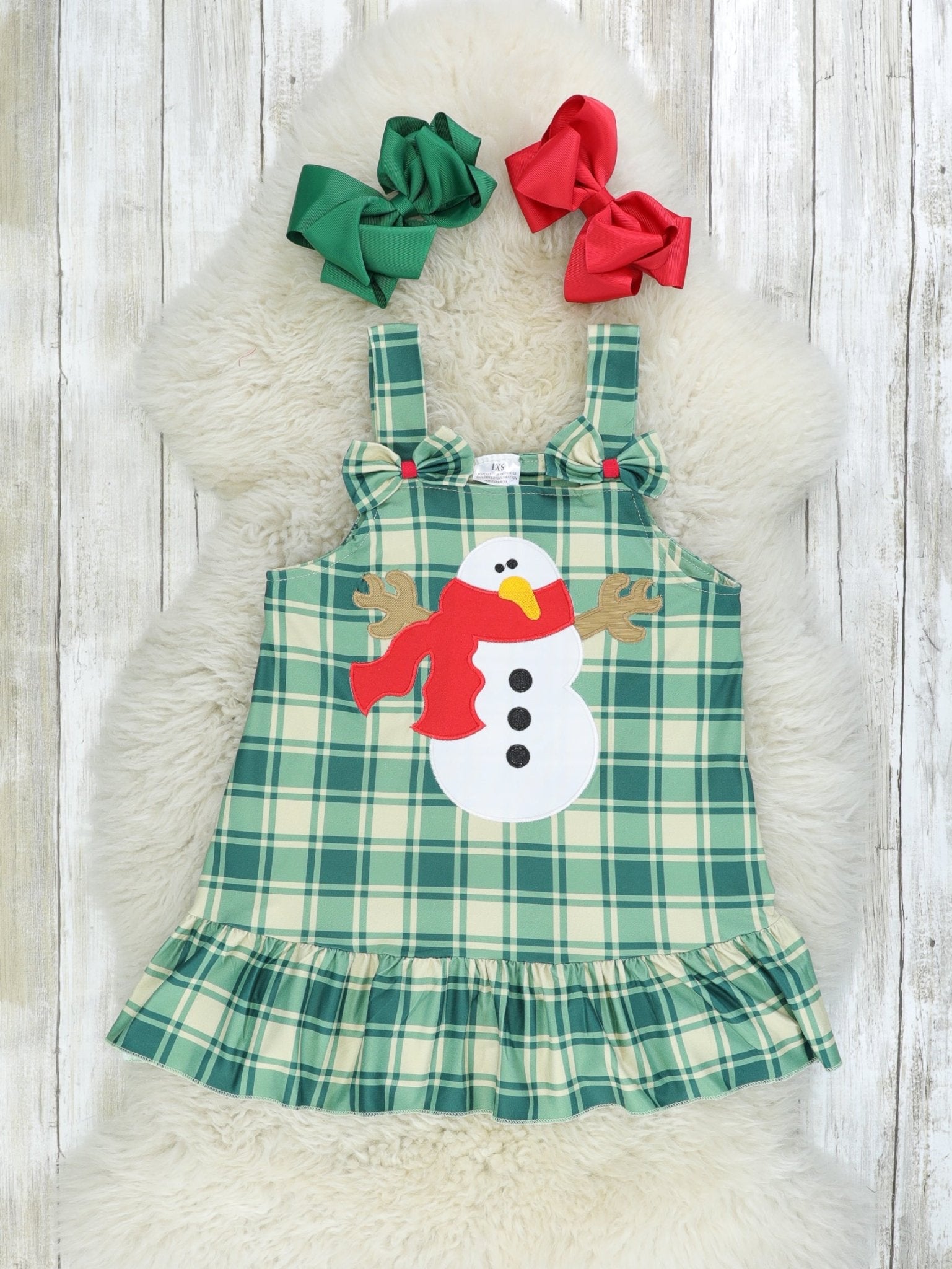 Green Plaid Snowman Ruffle Dress W/ Red Shirt - Marie Nicole Clothing