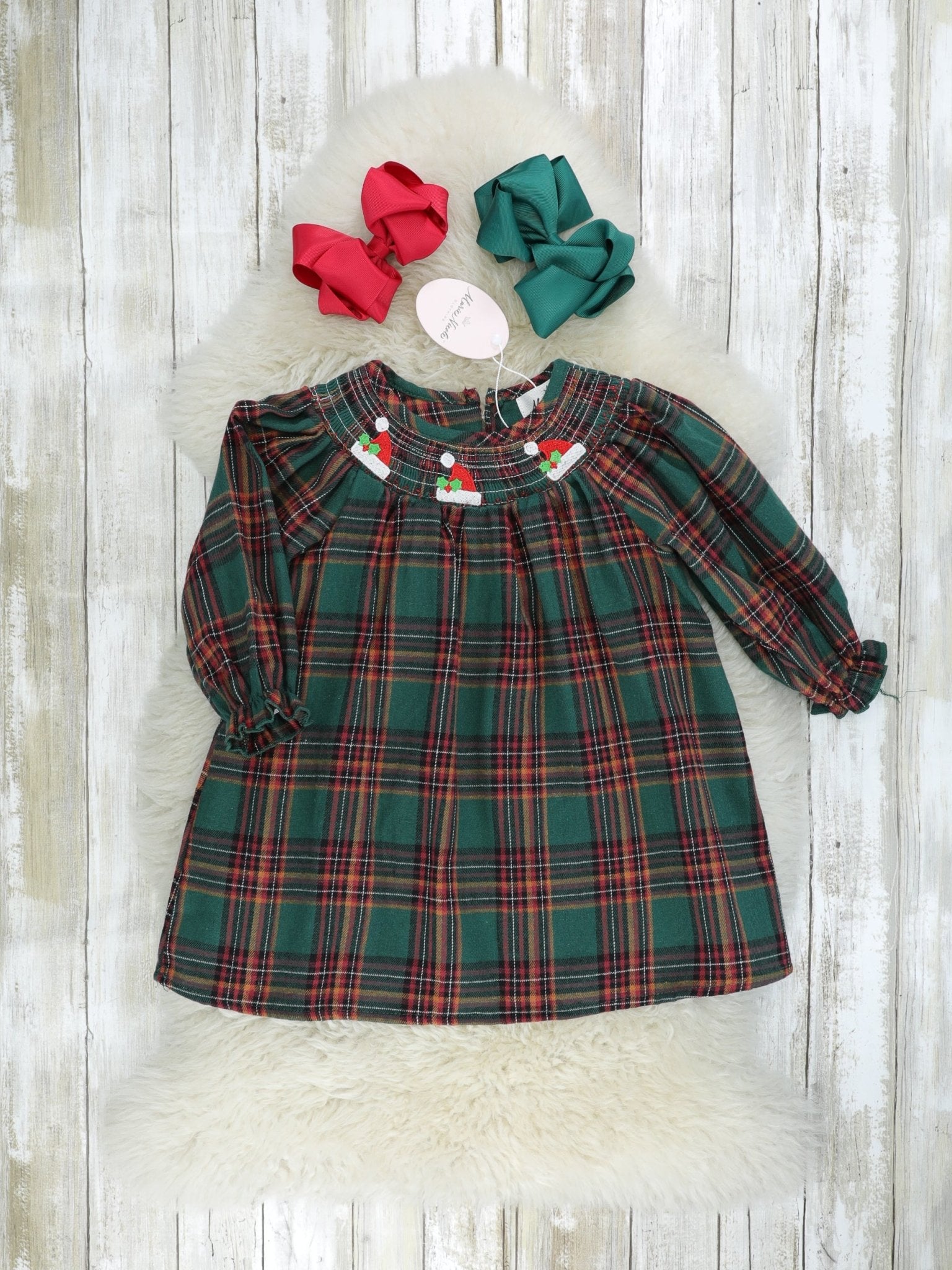 Hunter Green Smocked Plaid Santa Hat Dress - Marie Nicole Clothing