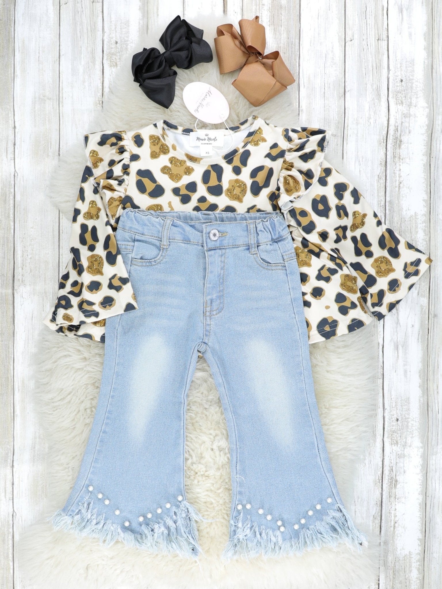Cream Leopard Ruffle Top & Denim Bell Bottoms Outfit - Marie Nicole Clothing