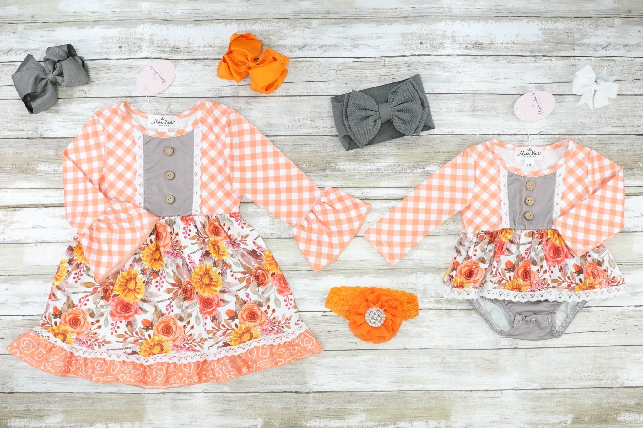 Japanese Sunflower & Rose Orange Gingham Bubble Romper - Marie Nicole Clothing
