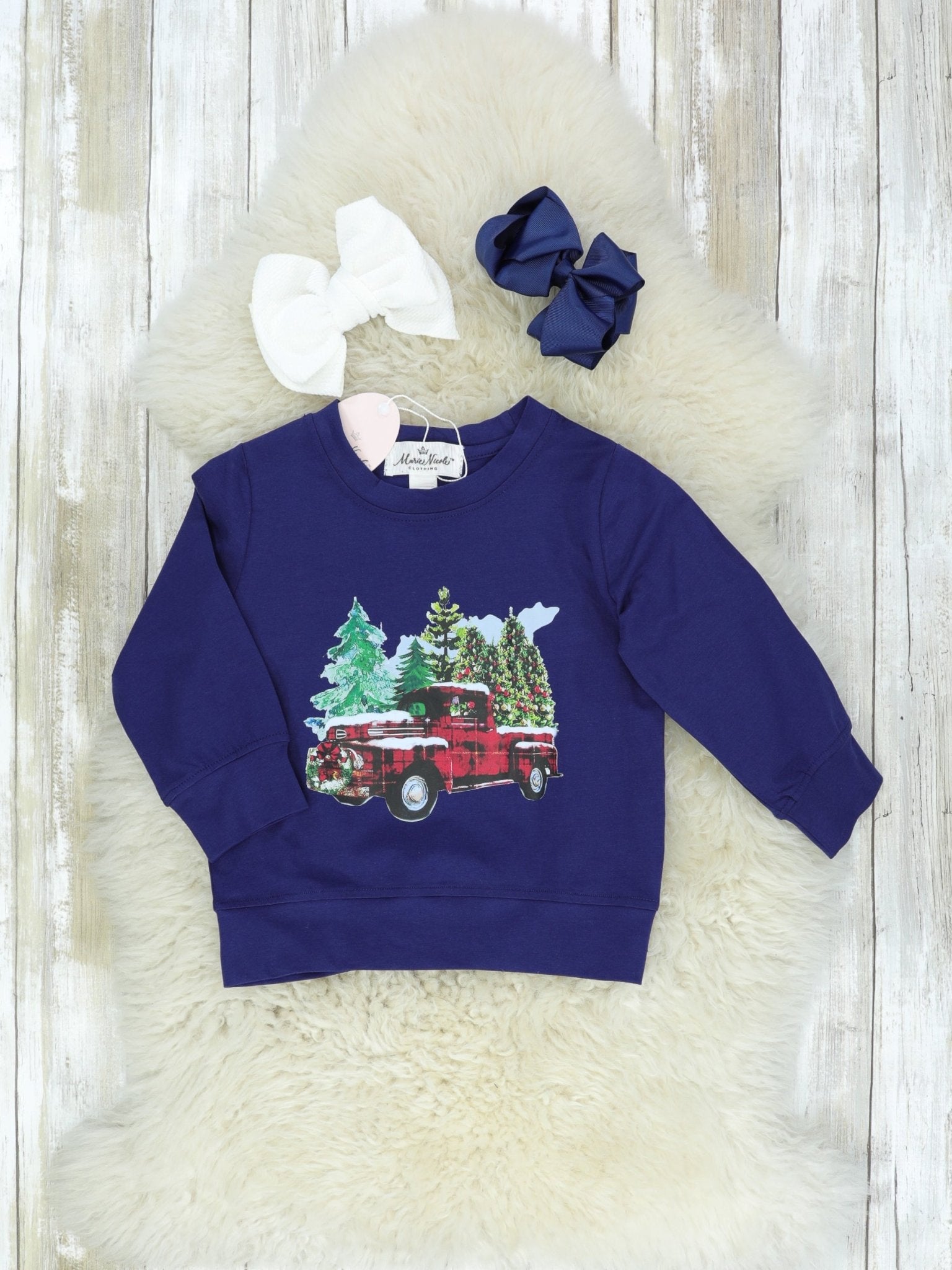 Mom & Me Navy Christmas Tree Truck Crewneck - Marie Nicole Clothing