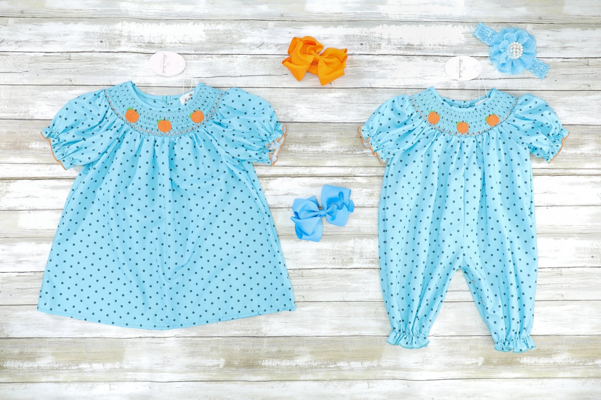 Blue Polka Dotted Smocked Pumpkin Dress - Marie Nicole Clothing