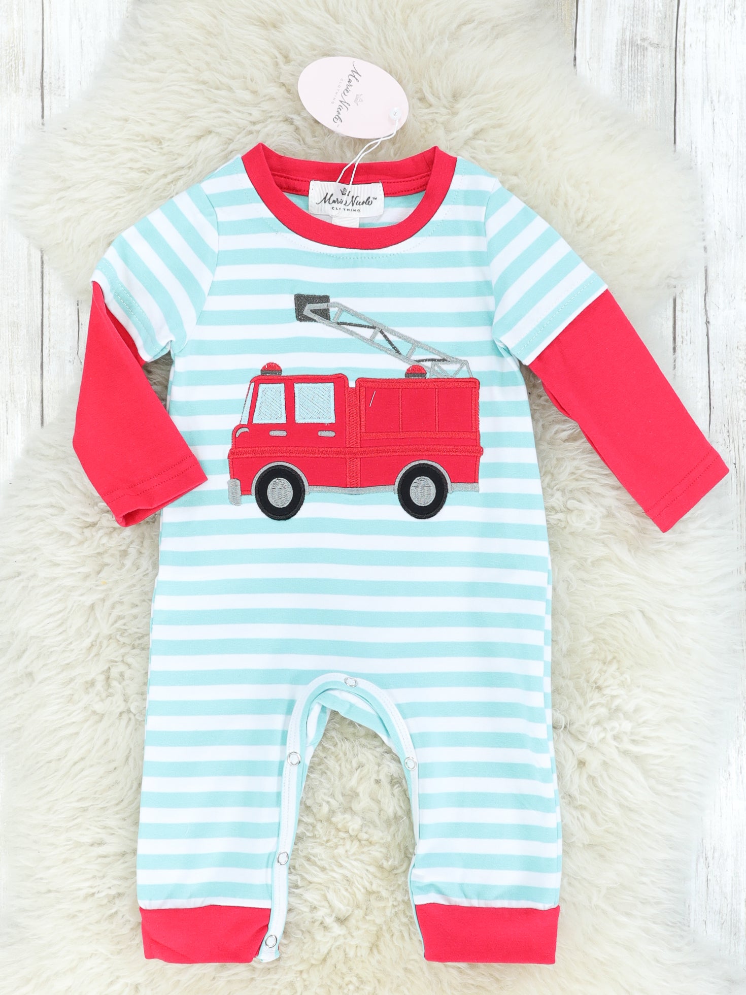 Red & Turquoise Striped Firetruck Romper - Marie Nicole Clothing