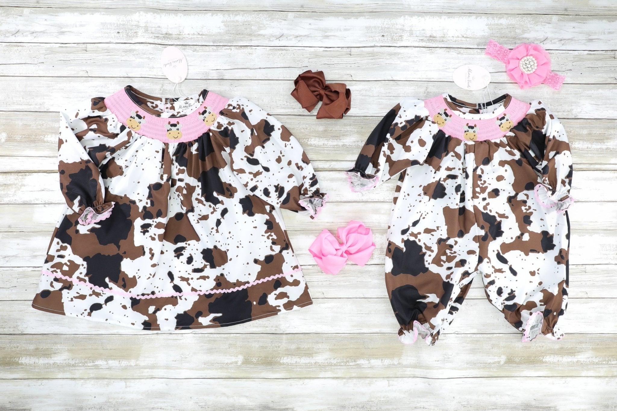 Pink Smocked Cow Print Dress - Marie Nicole Clothing