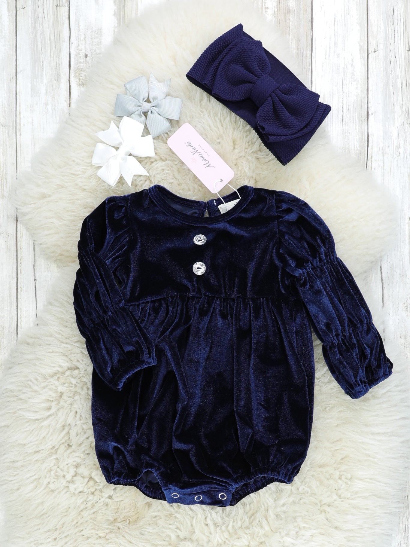 Navy Bubble Sleeve Velvet Romper - Marie Nicole Clothing