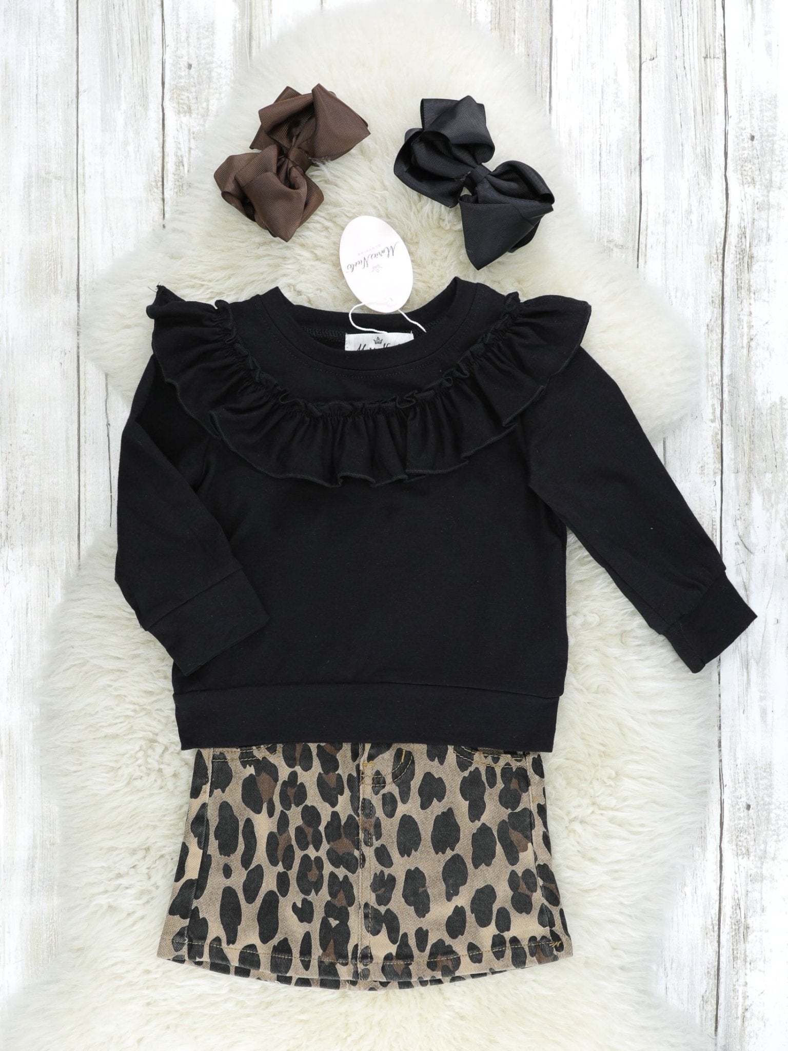 Black Ruffle Top & Leopard Skirt Outfit - Marie Nicole Clothing