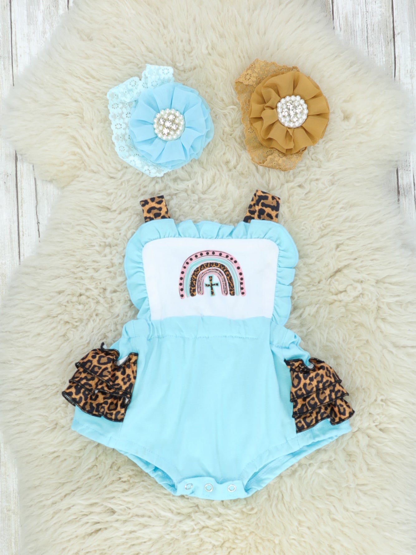 Blue Rainbow Cross Apron Bubble Romper - Marie Nicole Clothing