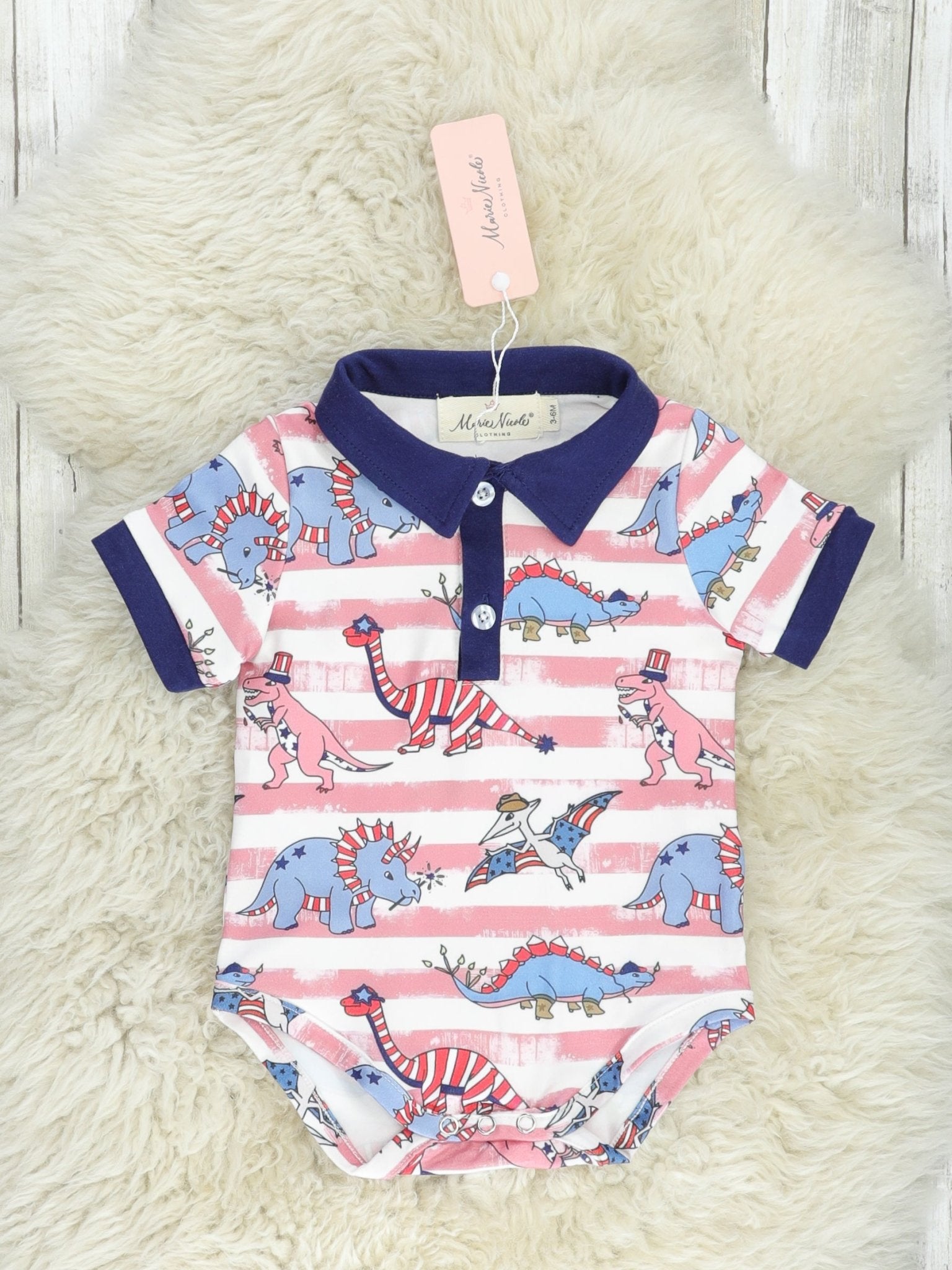 Stripe Dino Patriotic Polo Romper - Marie Nicole Clothing