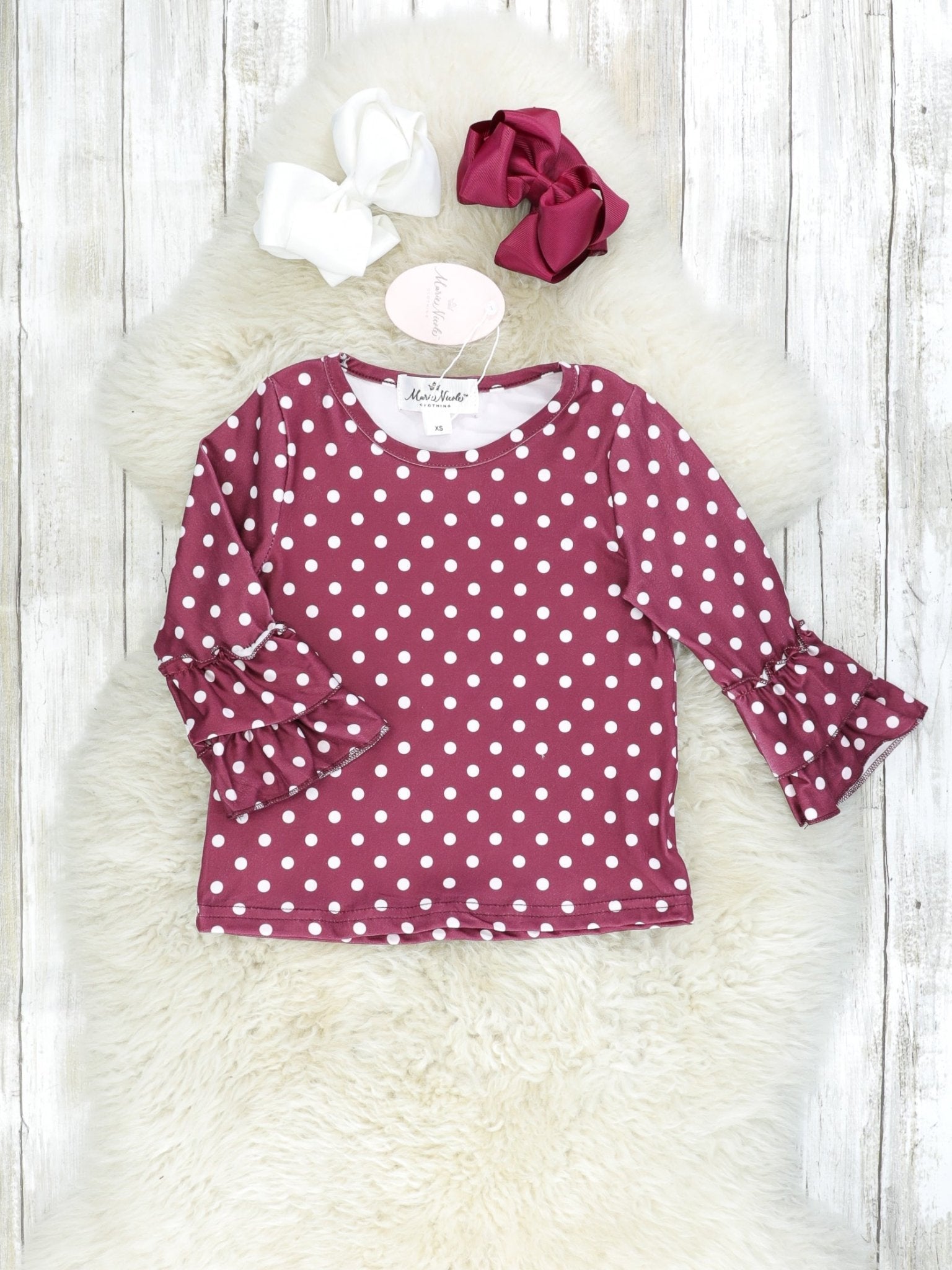 Maroon Polka Dot Ruffle Top & Distressed Denim Overall Outfit - Marie Nicole Clothing