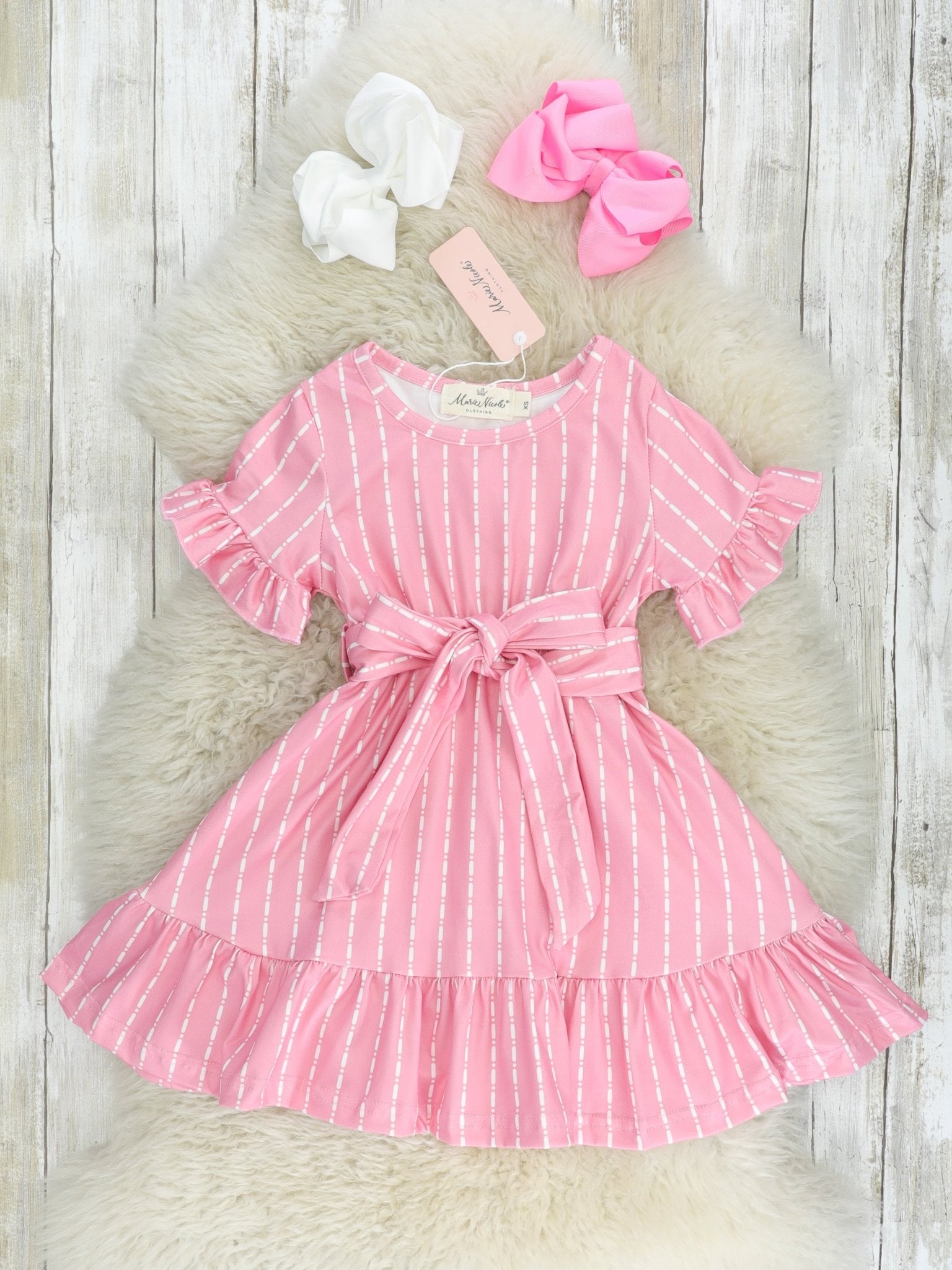 Mom & Me Pink Striped Tie Ruffle Dress - Marie Nicole Clothing