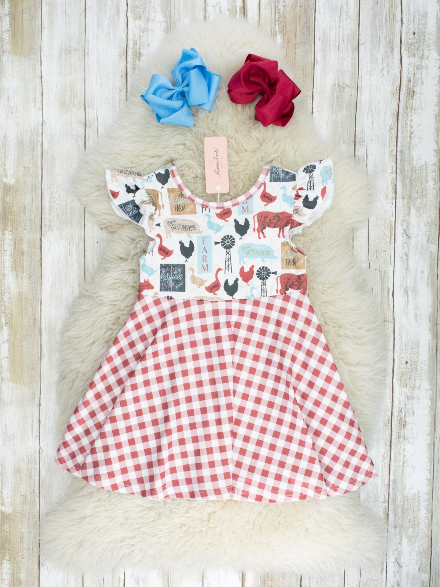 Red Gingham Farm Animal Dress - Marie Nicole Clothing