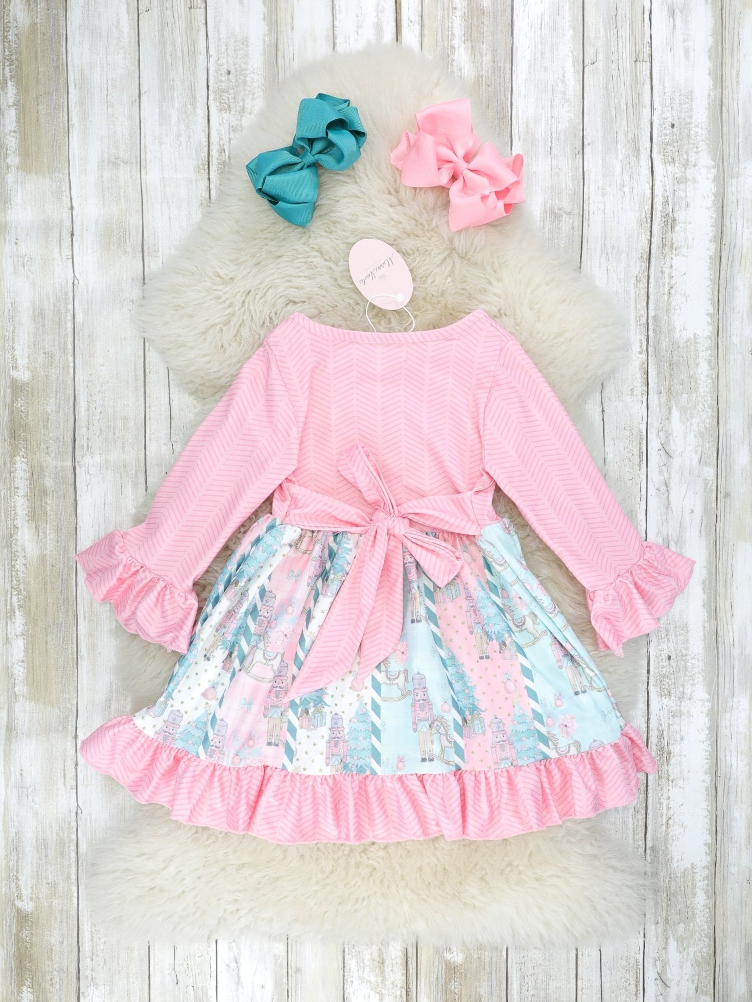 Pink & Blue Christmas Tree Ruffle Dress - Marie Nicole Clothing