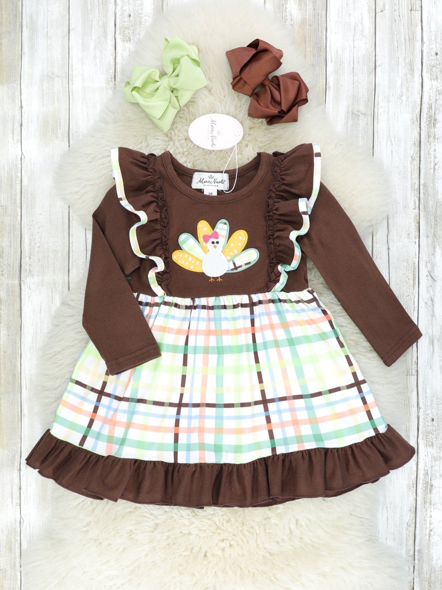 Green Plaid Turkey Ruffle Dress - Marie Nicole Clothing