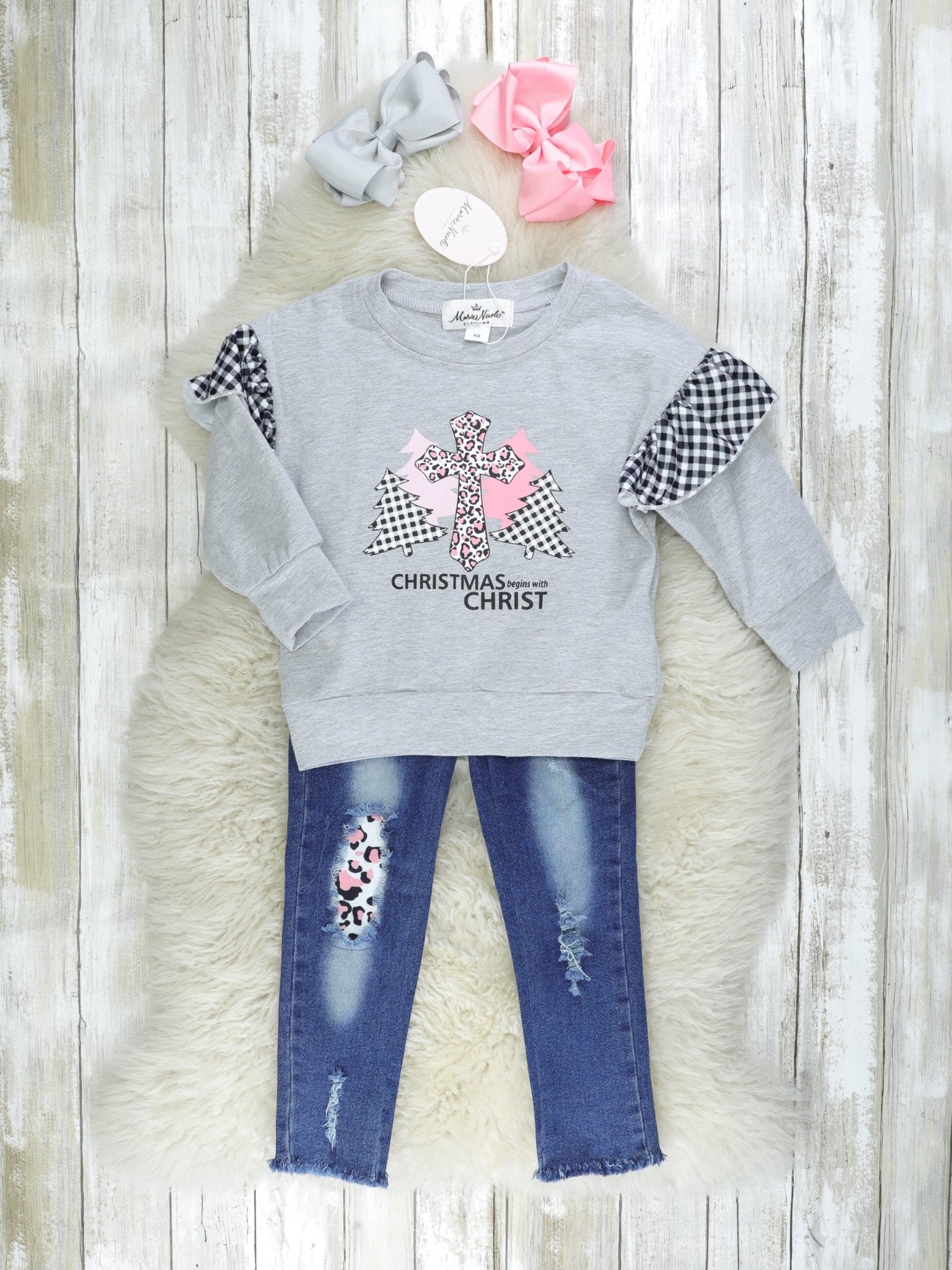 "Christmas Begins With Christ" Leopard Denim Outfit - Marie Nicole Clothing
