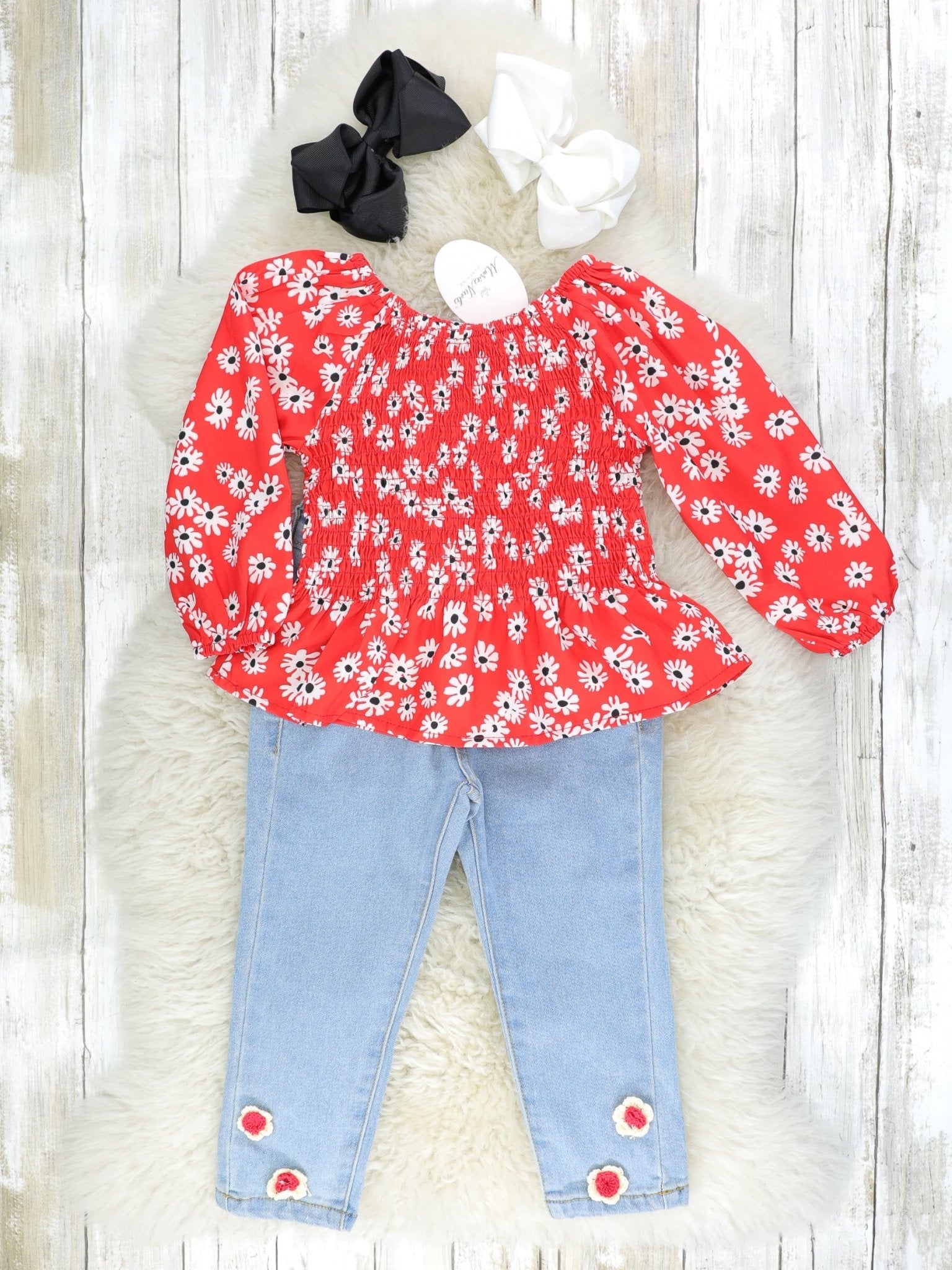 Red Floral Off - The - Shoulder Smocked Top & Denim Outfit - Marie Nicole Clothing