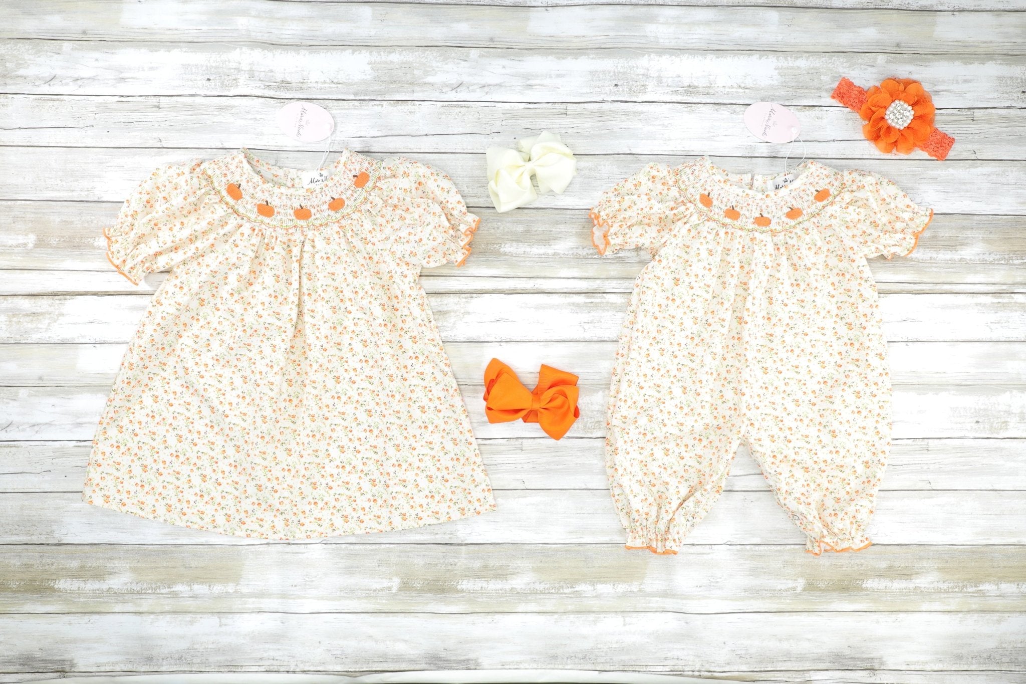 Orange Smocked Pumpkin Floral Romper - Marie Nicole Clothing