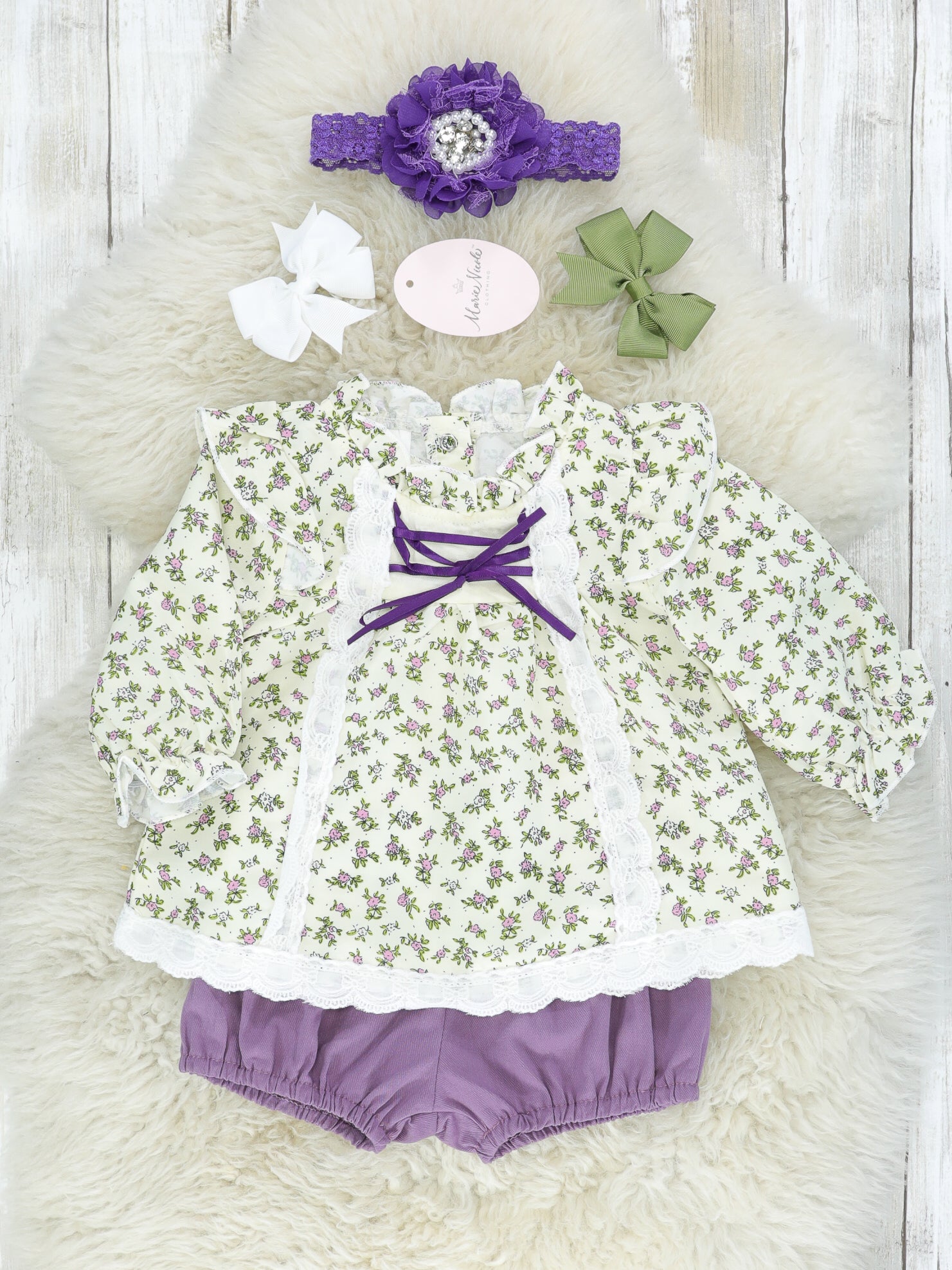 Ivory Lace Floral Top & Purple Bloomers Outfit - Marie Nicole Clothing