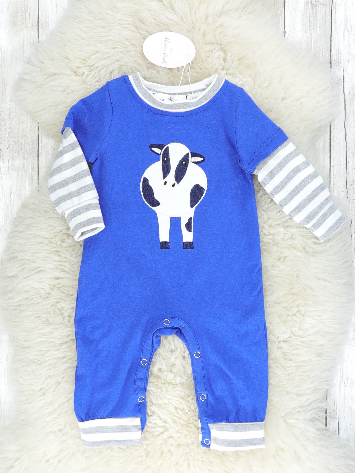 Royal Blue Striped Cow Romper - Marie Nicole Clothing