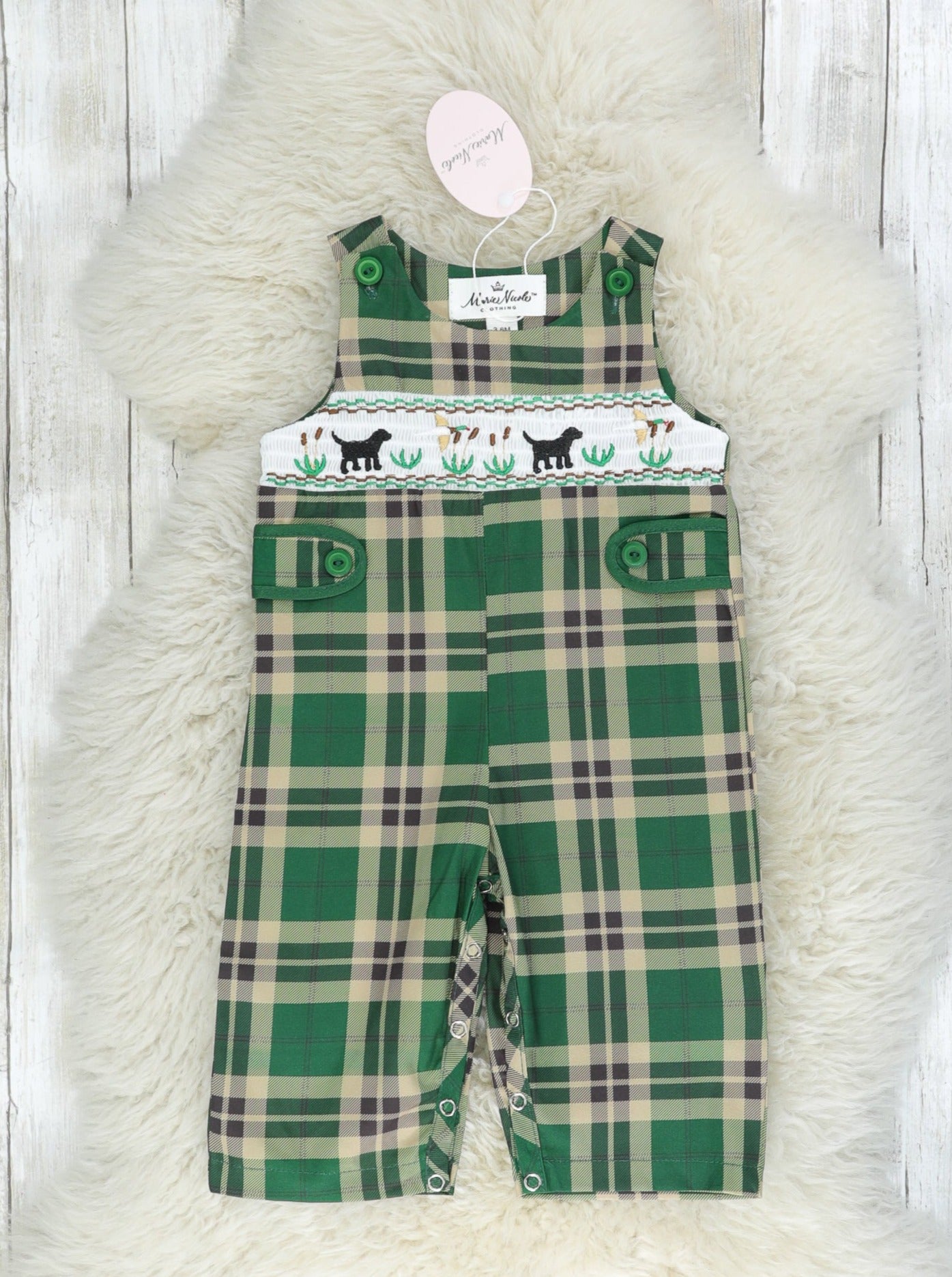Green Smocked Plaid Dog Johnny - Marie Nicole Clothing