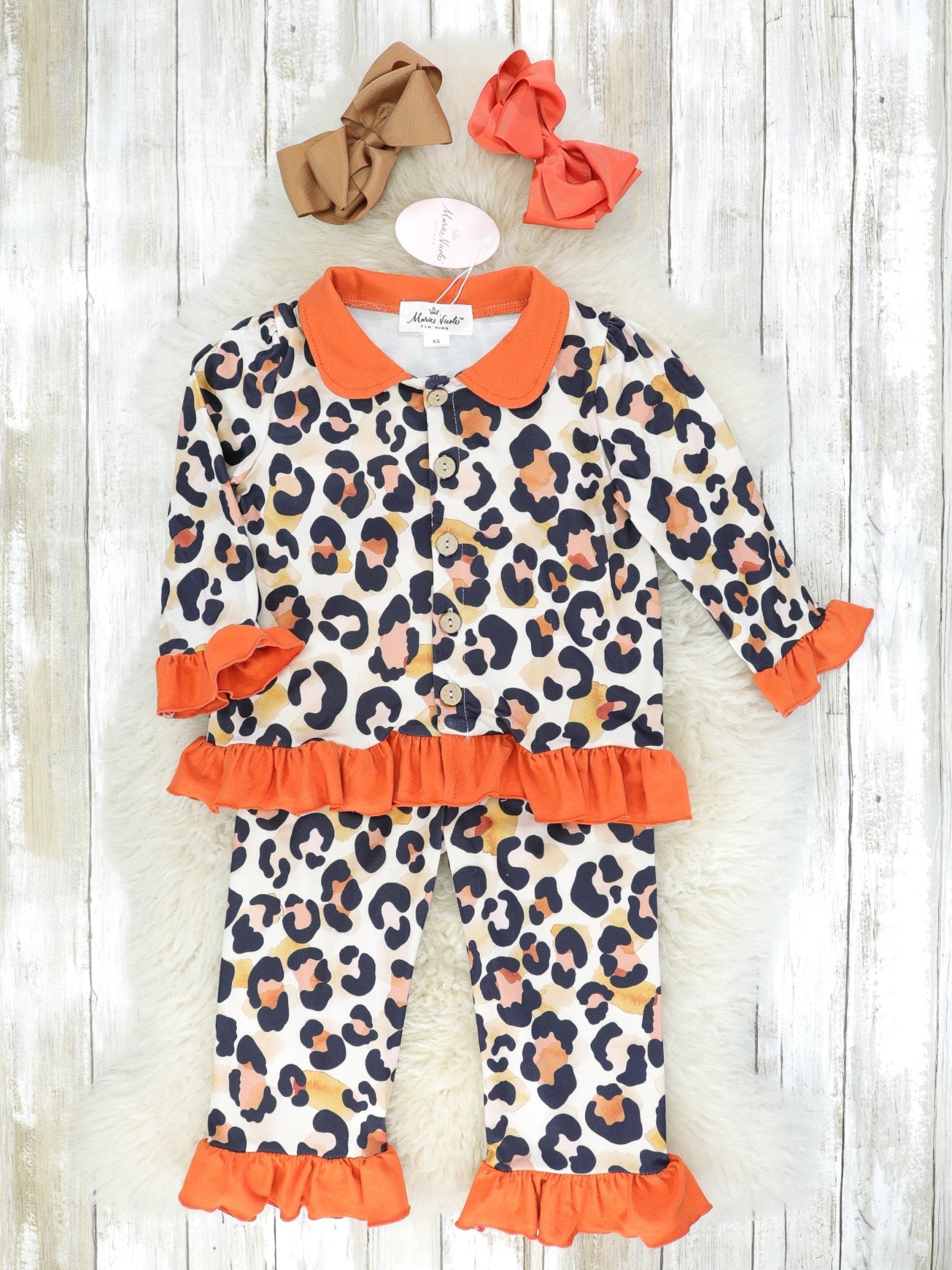 Orange Ruffle Leopard Pajamas - Marie Nicole Clothing