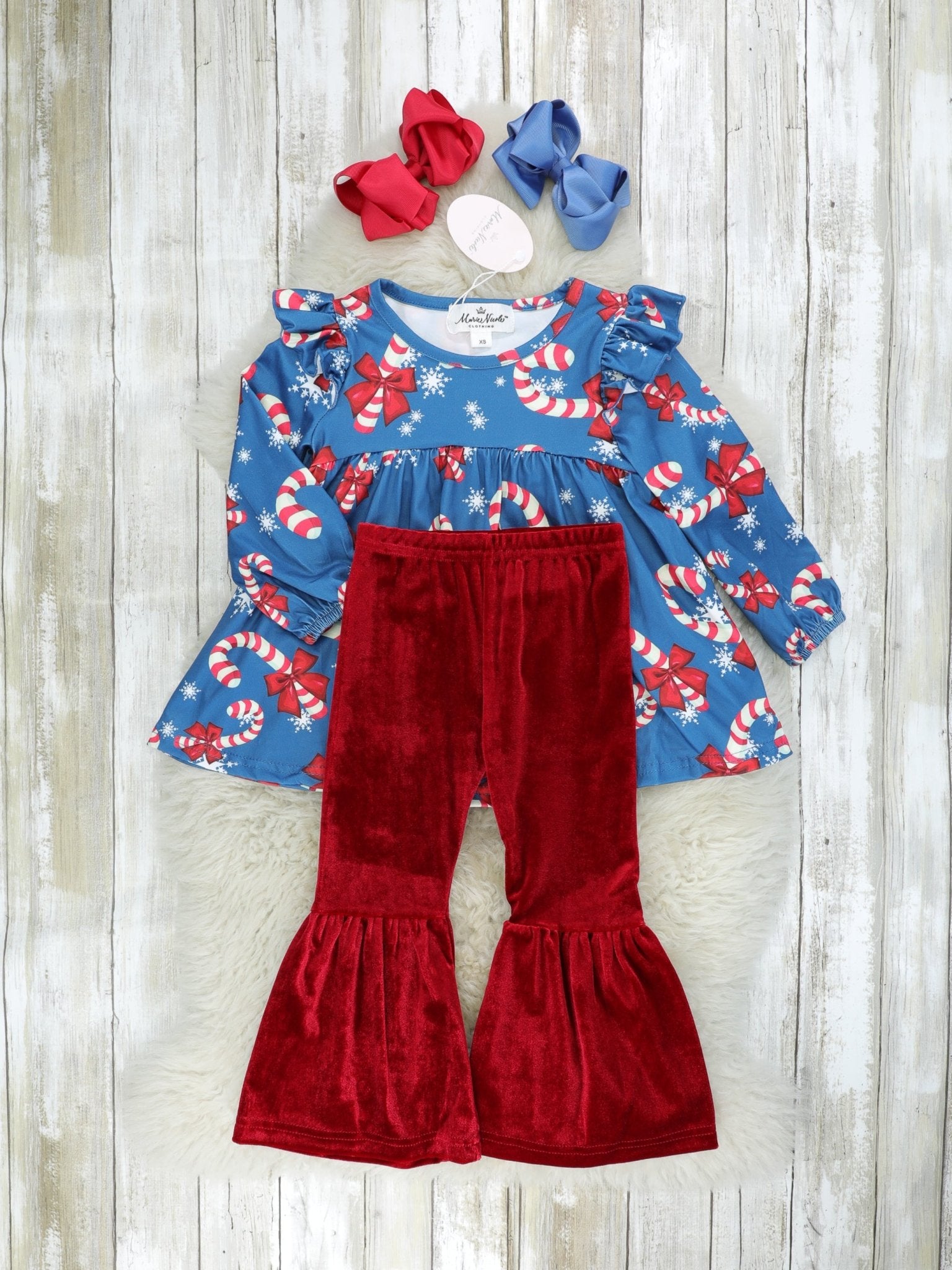 Candycane Peplum Top & Velvet Bell Bottoms Outfit - Marie Nicole Clothing