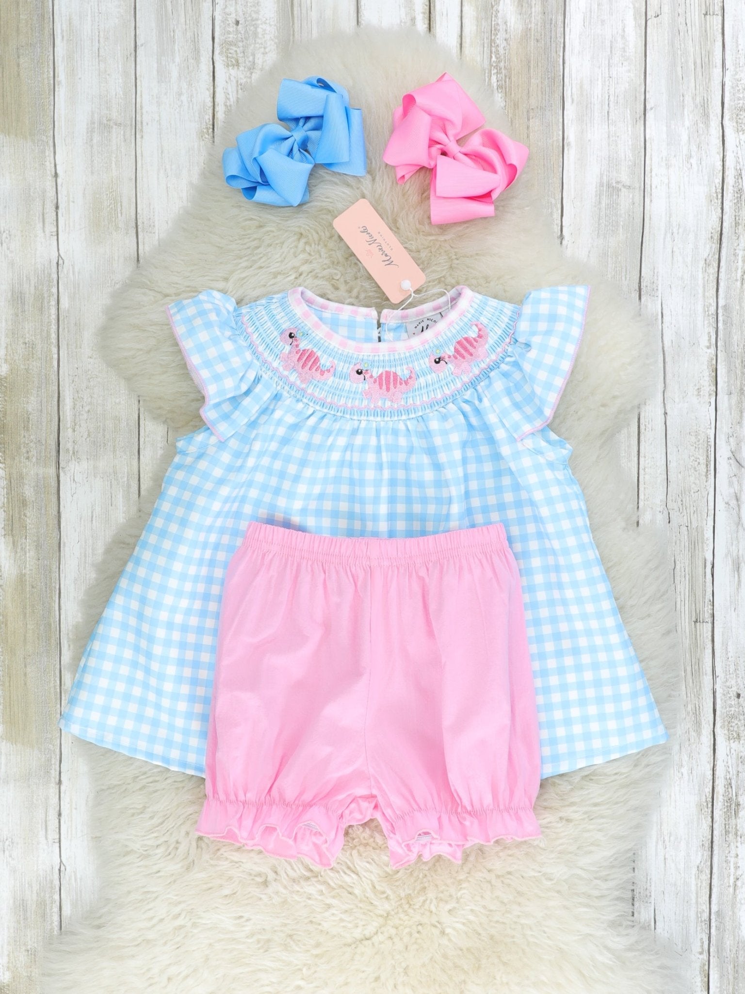 Blue Gingham Smocked Dino Ruffle Outfit - Marie Nicole Clothing