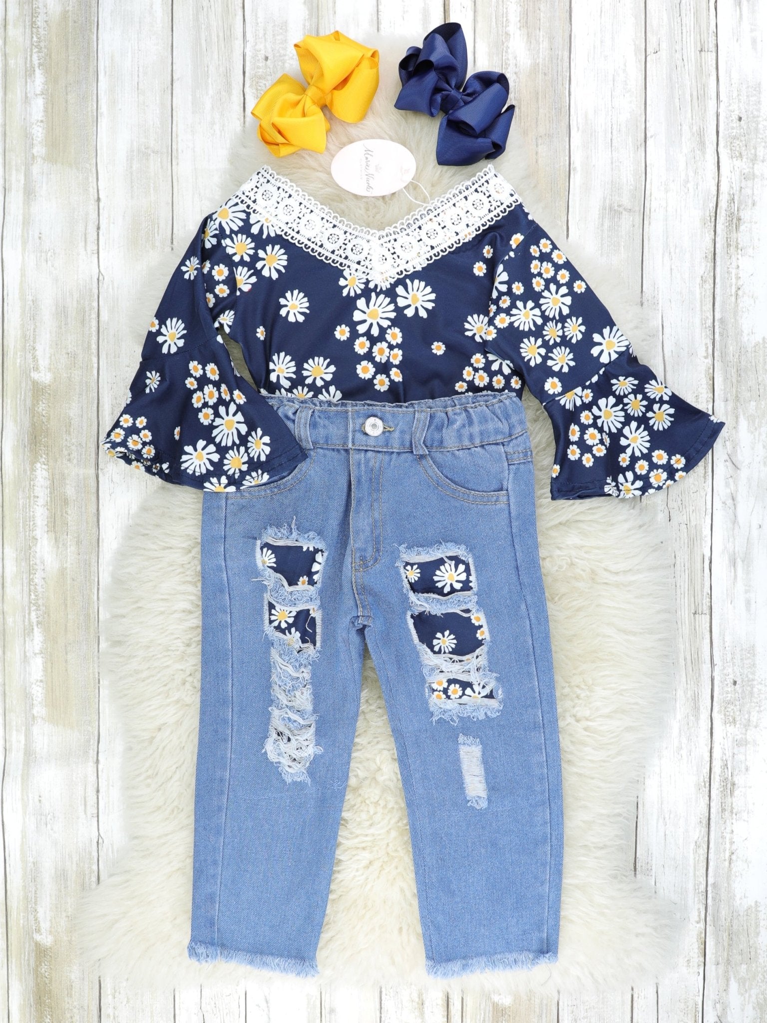 Daisy Bell Sleeve Tie Top & Distressed Denim Outfit - Marie Nicole Clothing