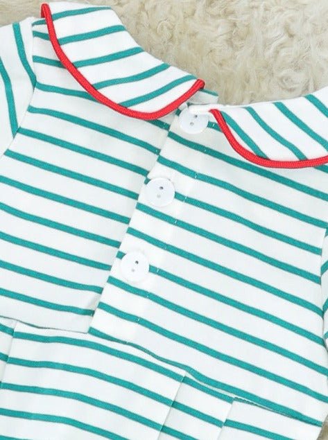 Green Striped Vintage Reindeer Ruffle Romper - Marie Nicole Clothing