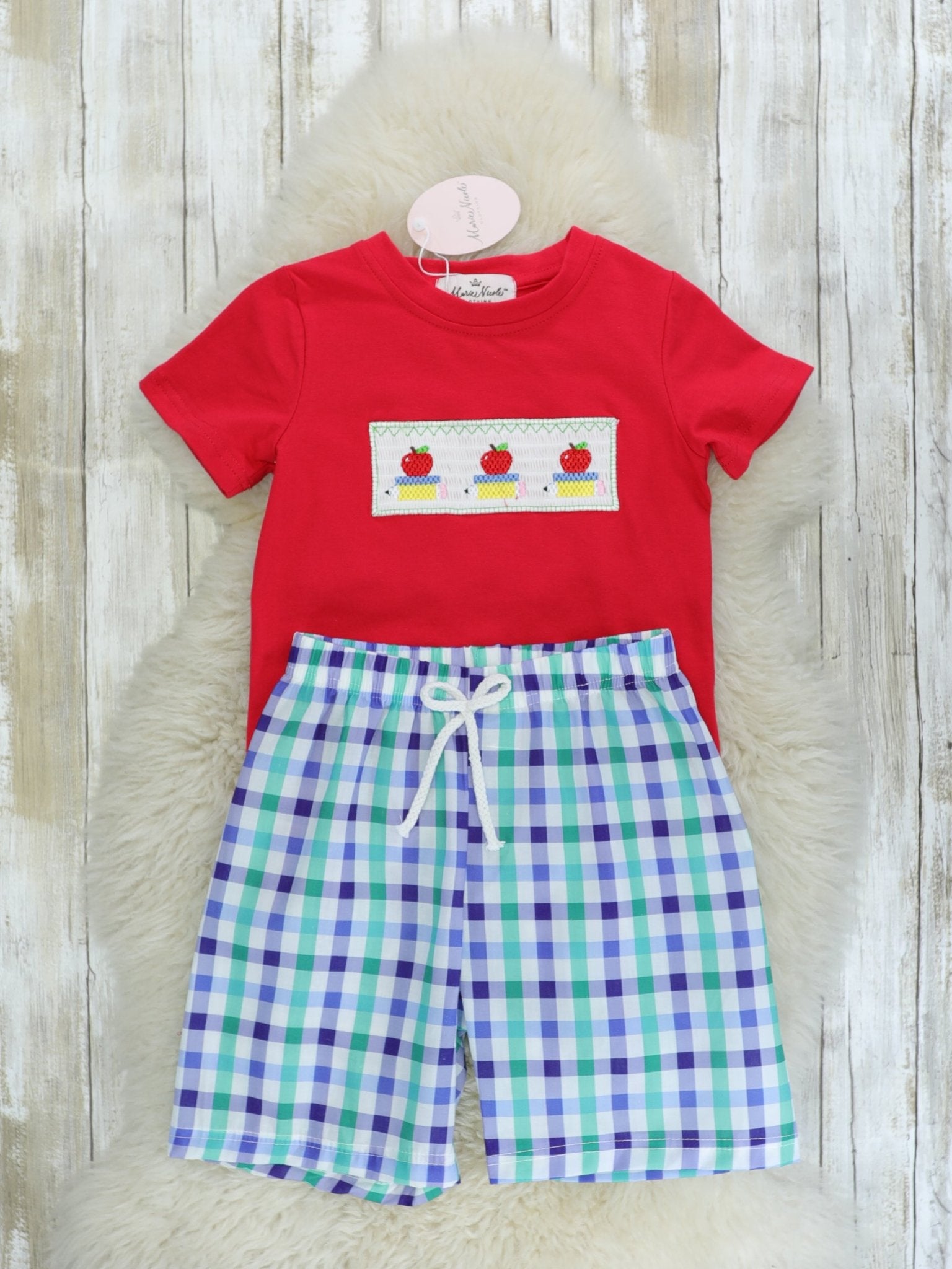 Smocked Apple Top & Plaid Shorts Outfit - Marie Nicole Clothing
