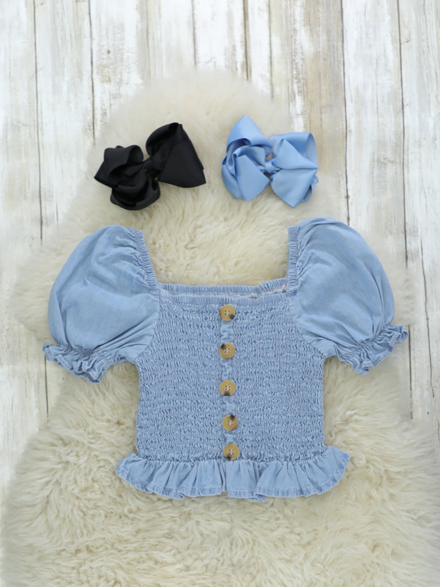Blue Smocked Ruffle Top - Marie Nicole Clothing
