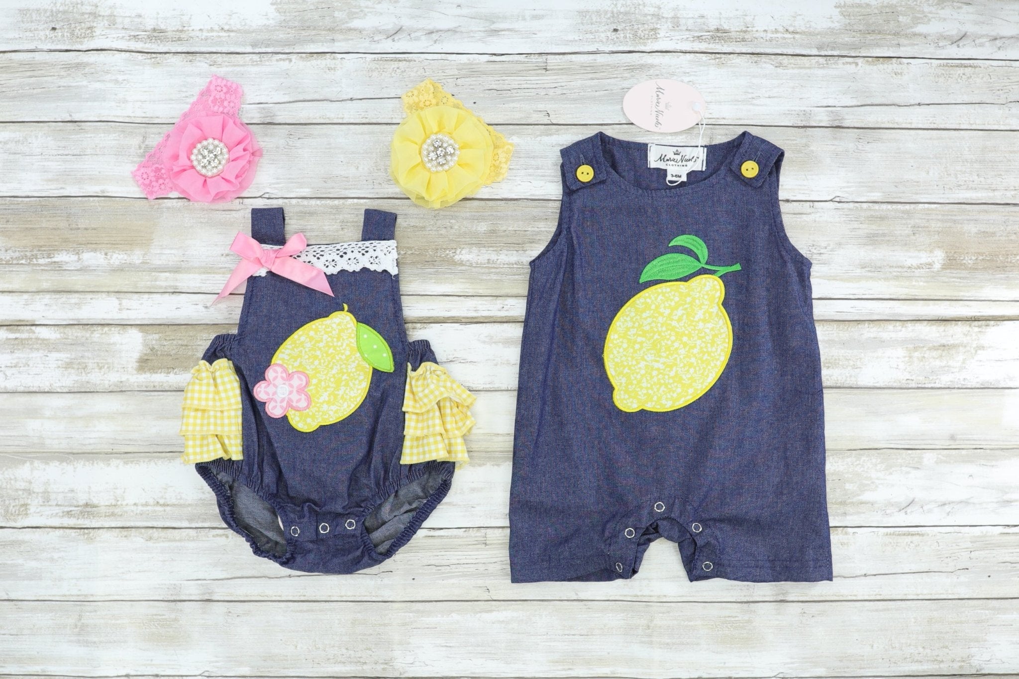 Chambray Lemon Ruffle Bubble Romper - Marie Nicole Clothing