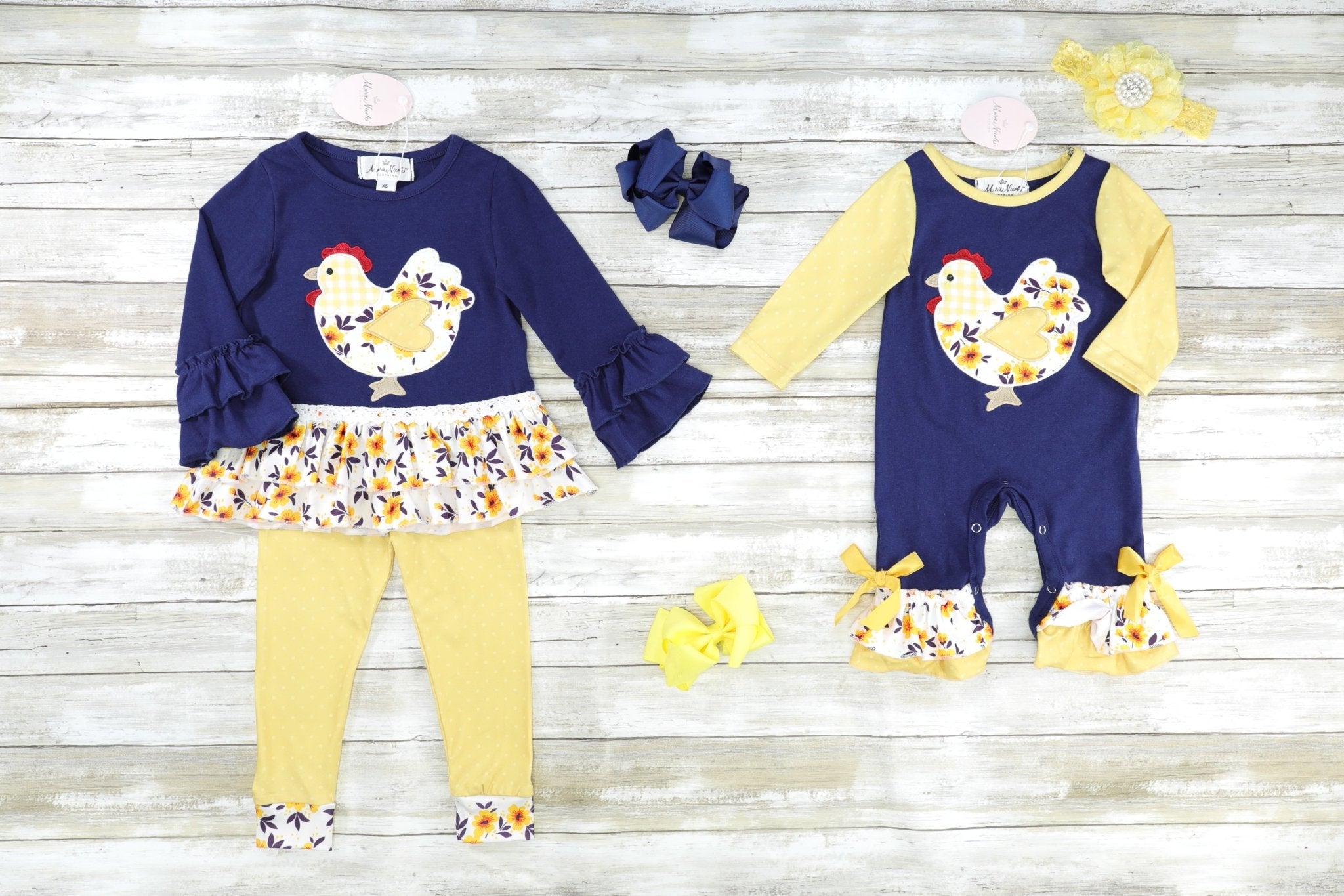 Navy Floral Chicken Ruffle Top & Yellow Bottoms Outfit - Marie Nicole Clothing