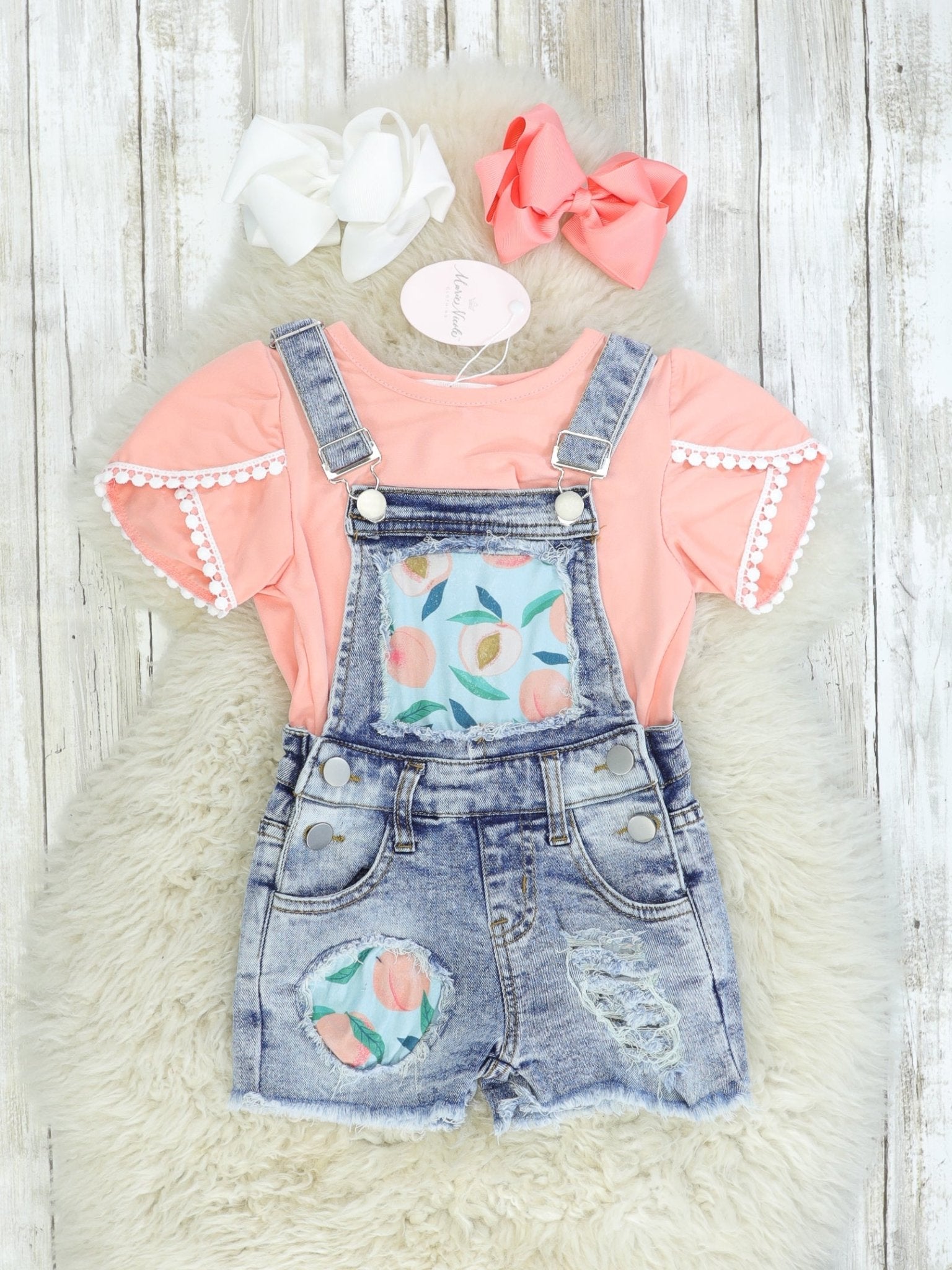 Peach Distressed Denim Overalls Set - Marie Nicole Clothing