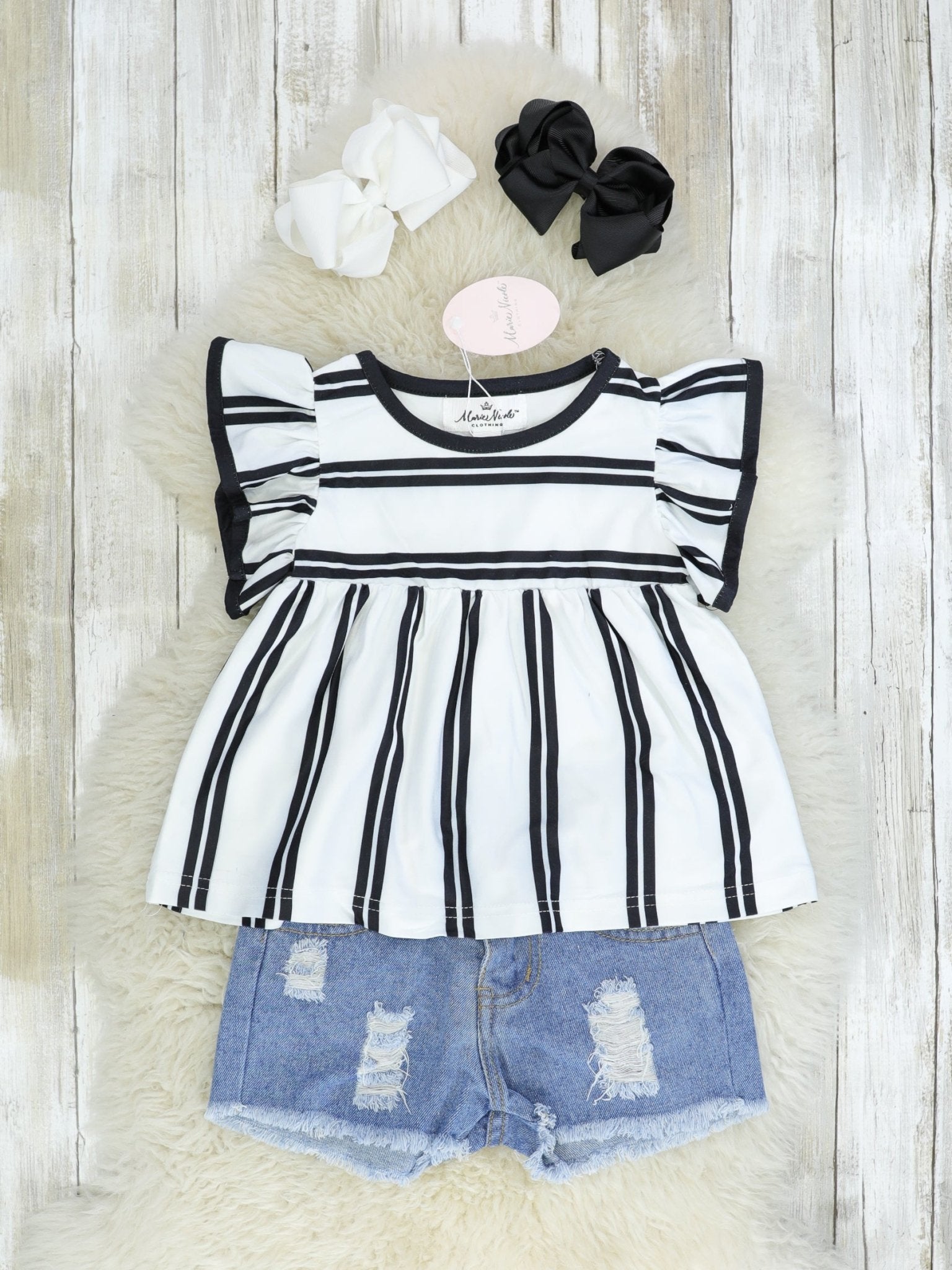 Black & White Striped Top & Distressed Denim Outfit - Marie Nicole Clothing