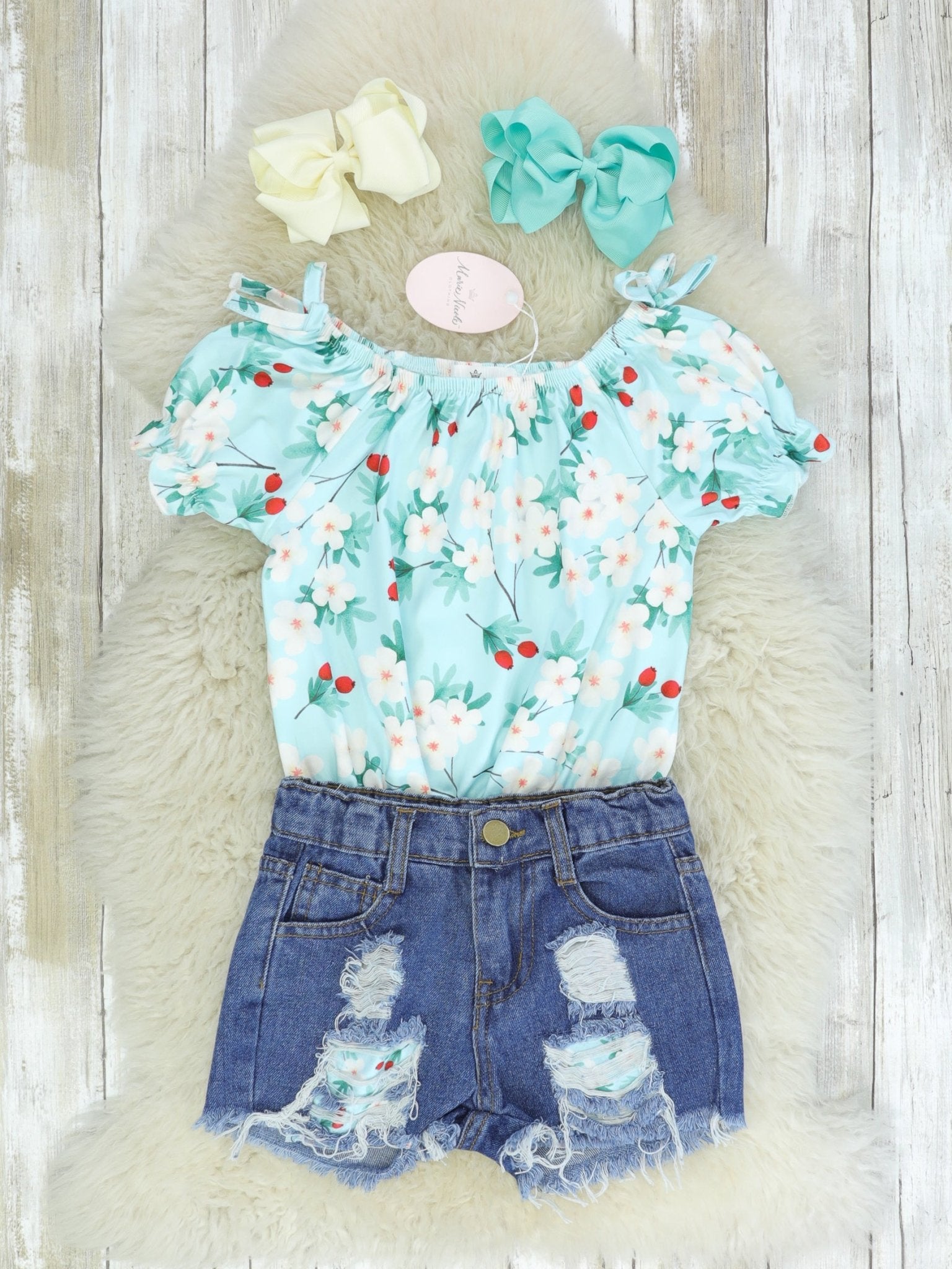 Light Blue Floral Tie Shirt & Distressed Denim Outfit - Marie Nicole Clothing
