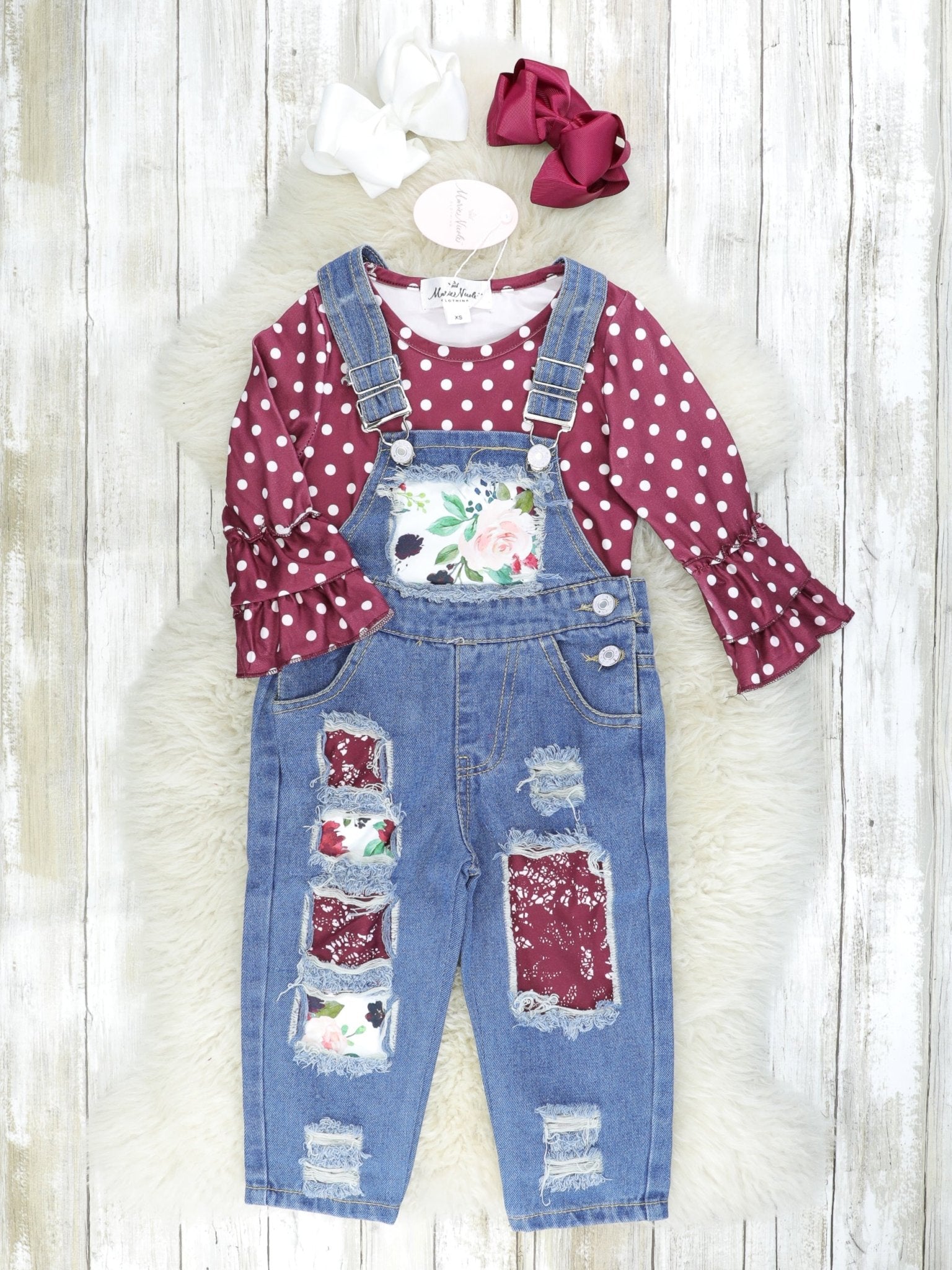 Maroon Polka Dot Ruffle Top & Distressed Denim Overall Outfit - Marie Nicole Clothing