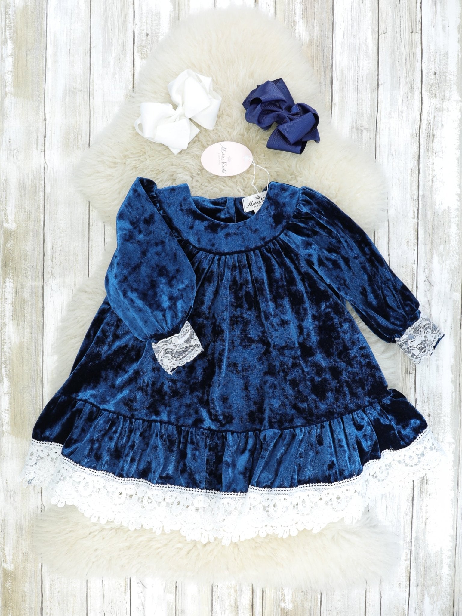 Midnight Blue Velvet Lace Dress - Marie Nicole Clothing