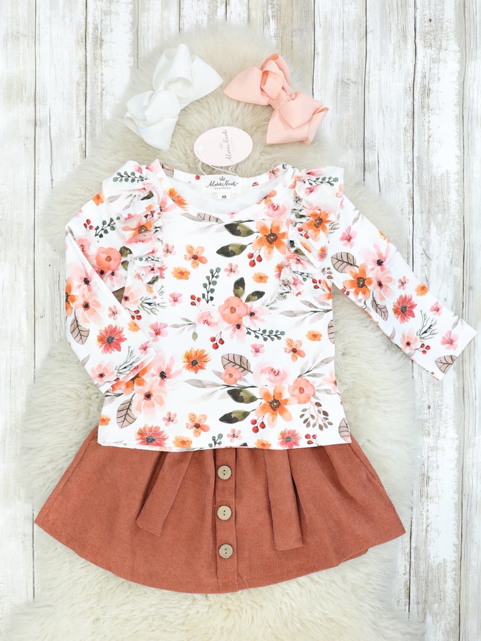 Fall Watercolor Floral Ruffle Top & Rusty Brown Skirt - Marie Nicole Clothing