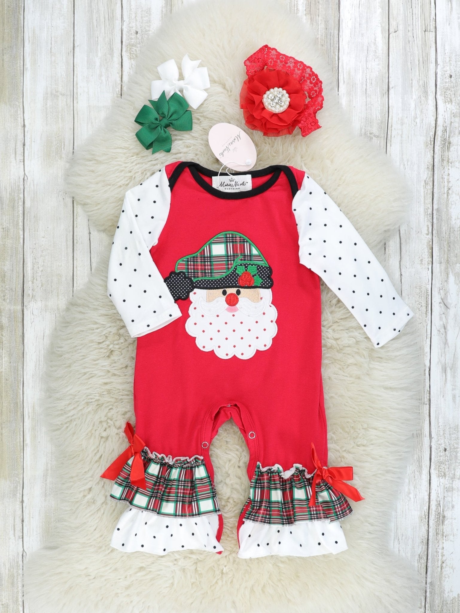 Red Santa Raglan Ruffle Romper - Marie Nicole Clothing