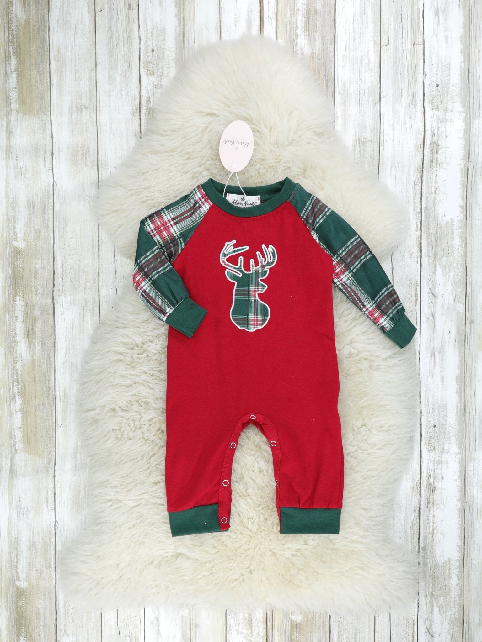Hunter Green Plaid Reindeer Raglan Romper - Marie Nicole Clothing