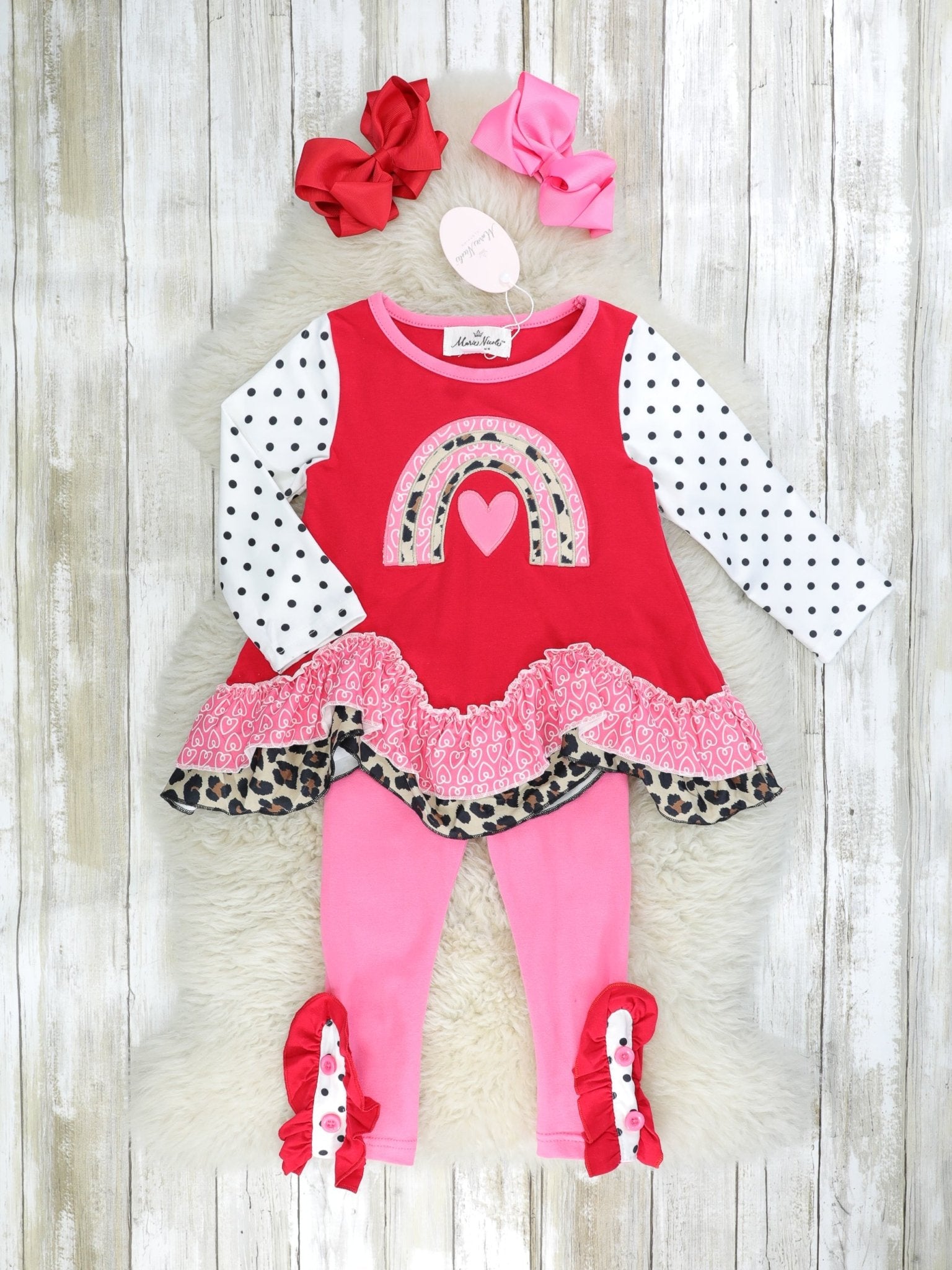 Love Leopard Rainbow Raglan Ruffle Outfit - Marie Nicole Clothing