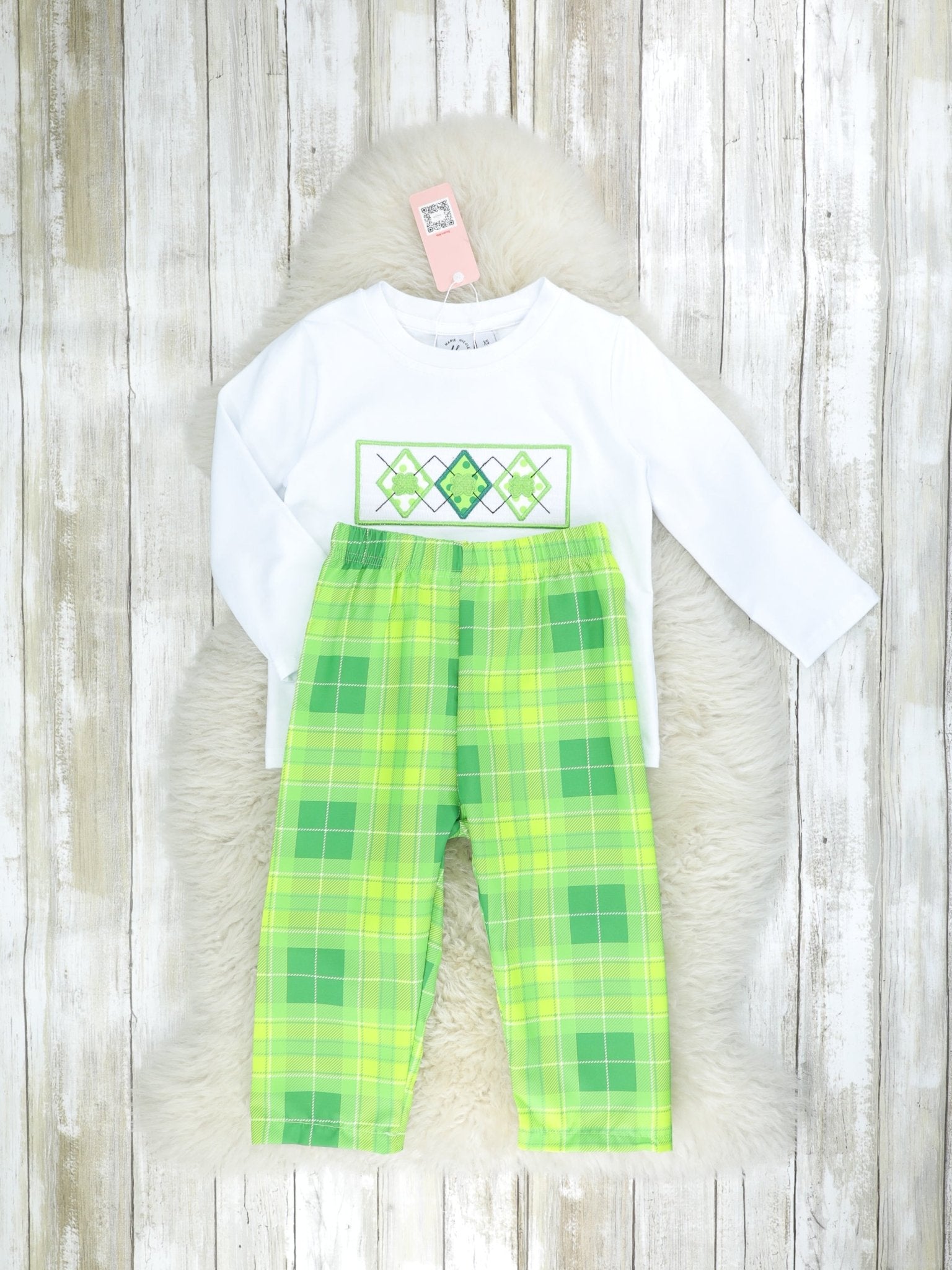 Green Plaid Smocked Clover Outfit - Marie Nicole Clothing