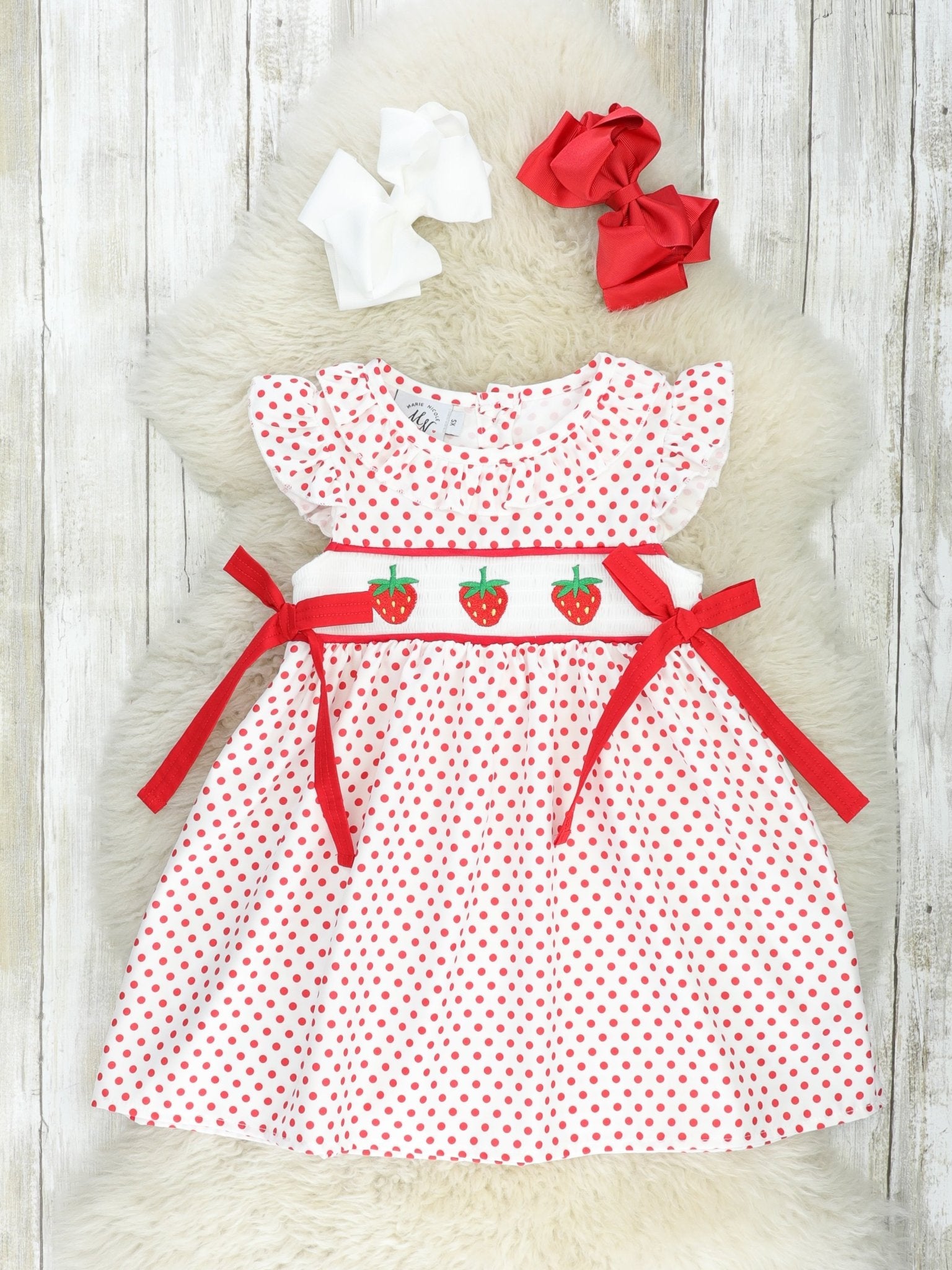 Polka Dot Strawberry Smocked Dress - Marie Nicole Clothing