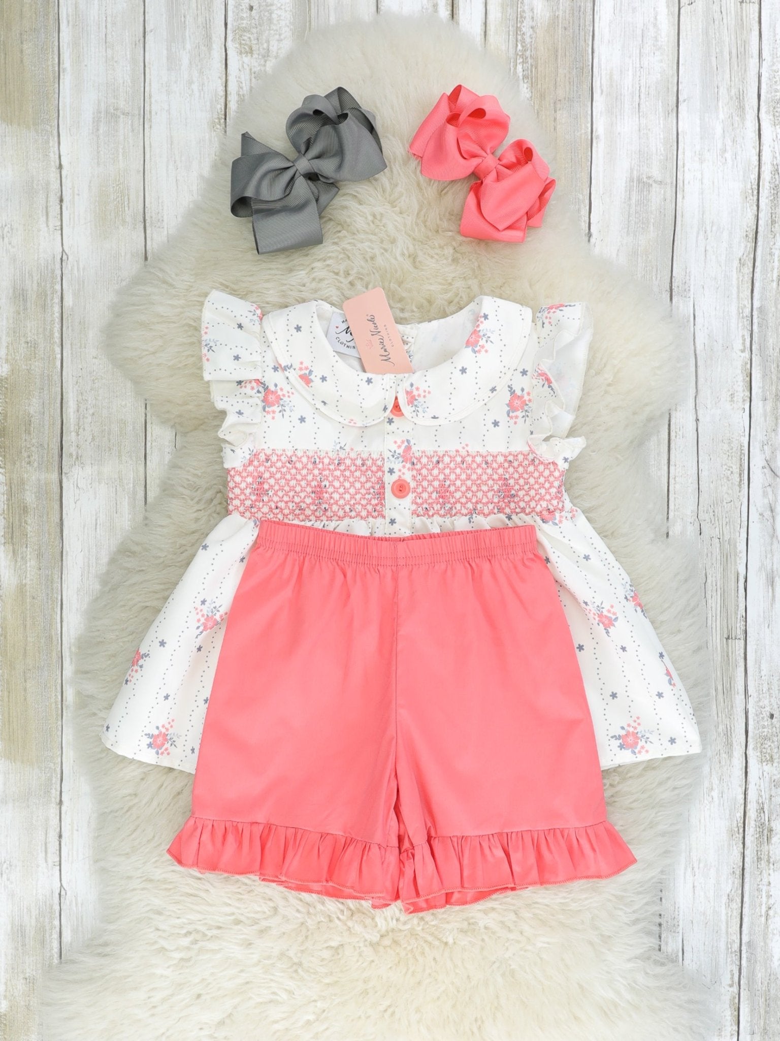 Punch Pink Smocked Floral Vintage Ruffle Outfit - Marie Nicole Clothing