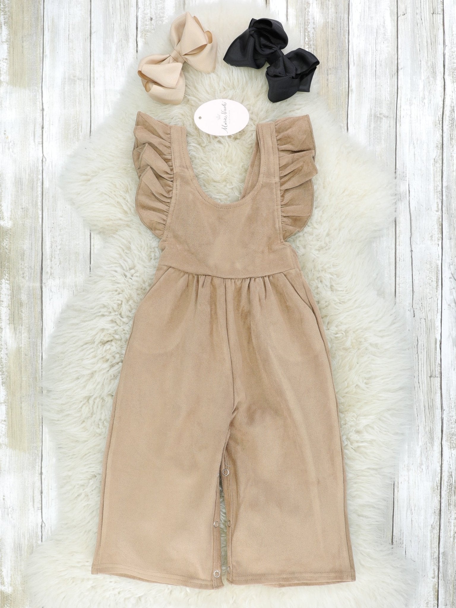 Suede Ruffle Cross Back Button Romper - Multiple Colors - Marie Nicole Clothing