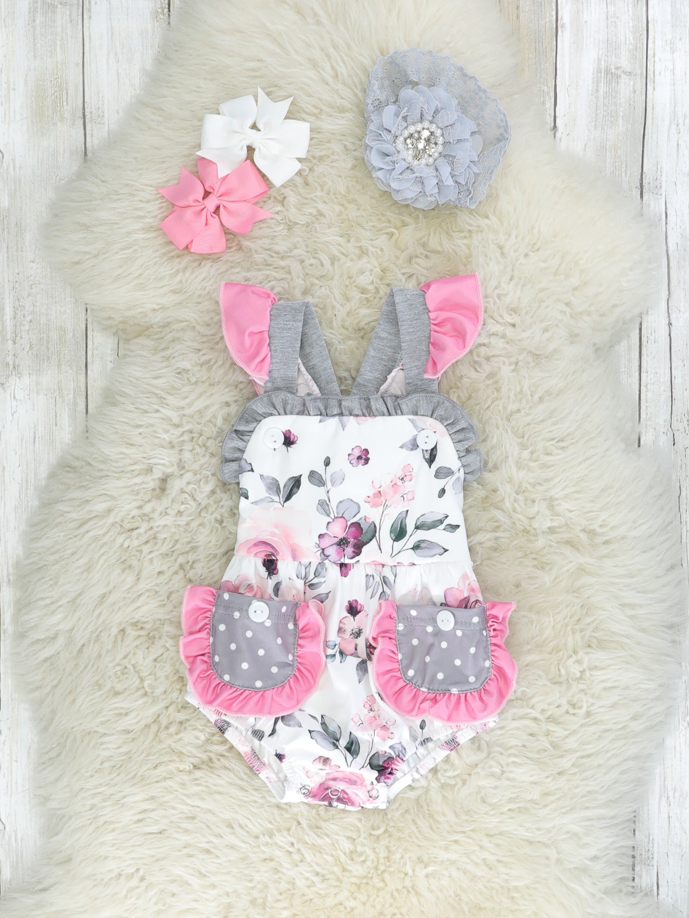 Punch Pink Watercolor Rose Pocket Bubble Romper - Marie Nicole Clothing